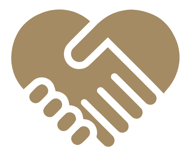 Graphic of two hands shaking forming a heart shape, in brown and white colors.