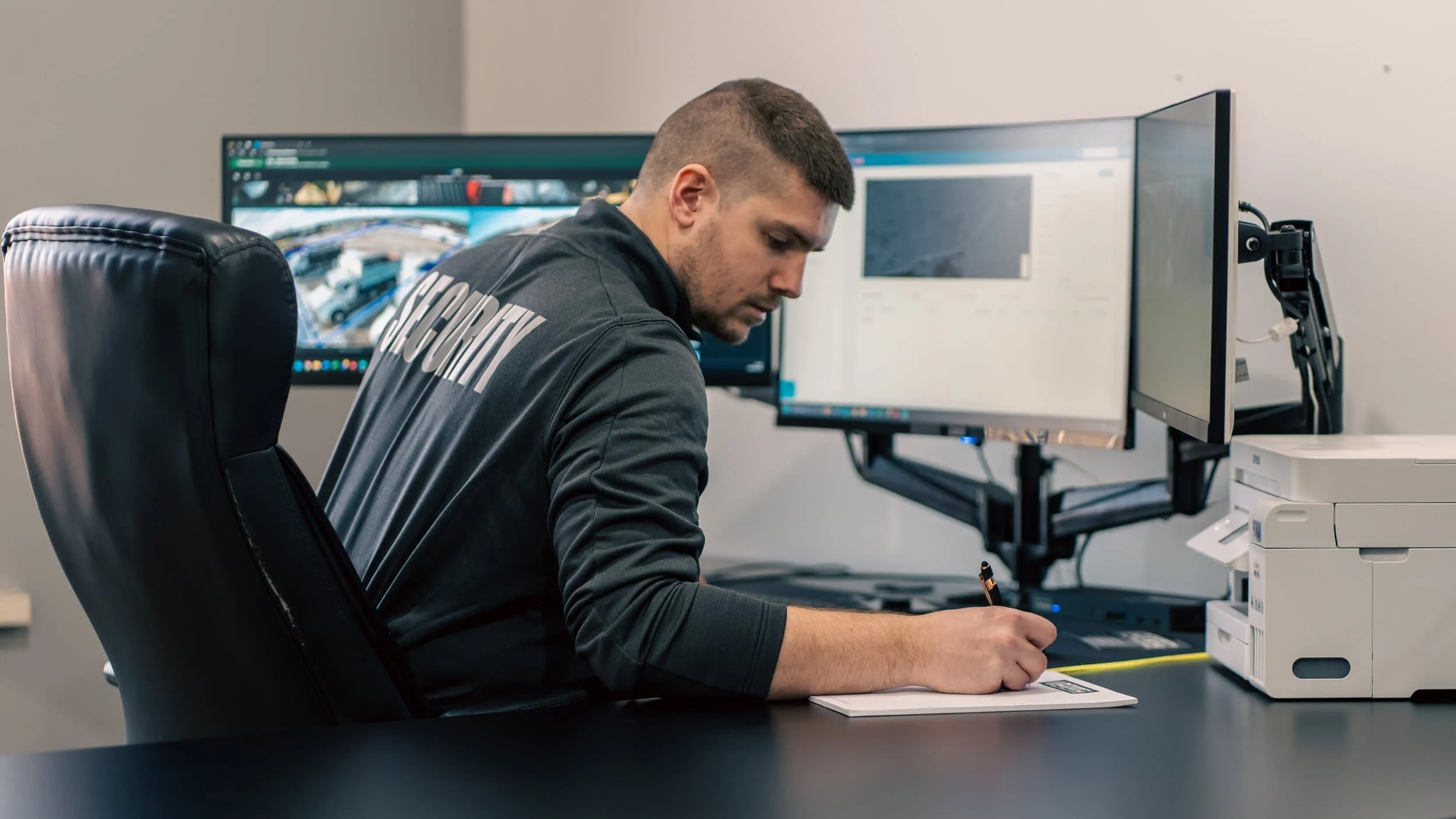 A man sitting at a desk writing on a notepad with three computer monitors, a printer, and office supplies in an office setting.