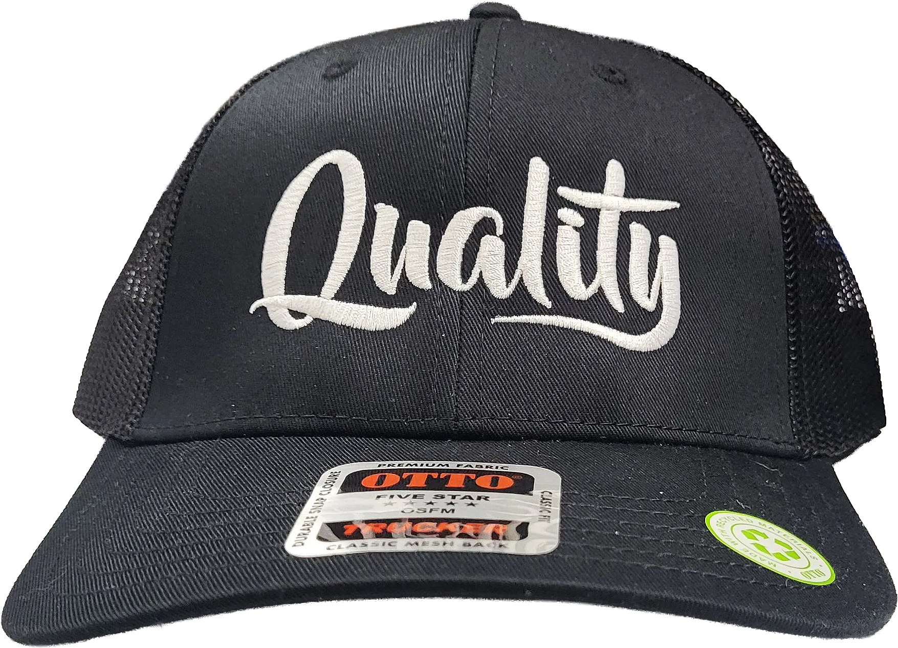 Black trucker cap with white embroidered text 'Quality' on the front, sticker on the brim, and green recycling symbol.