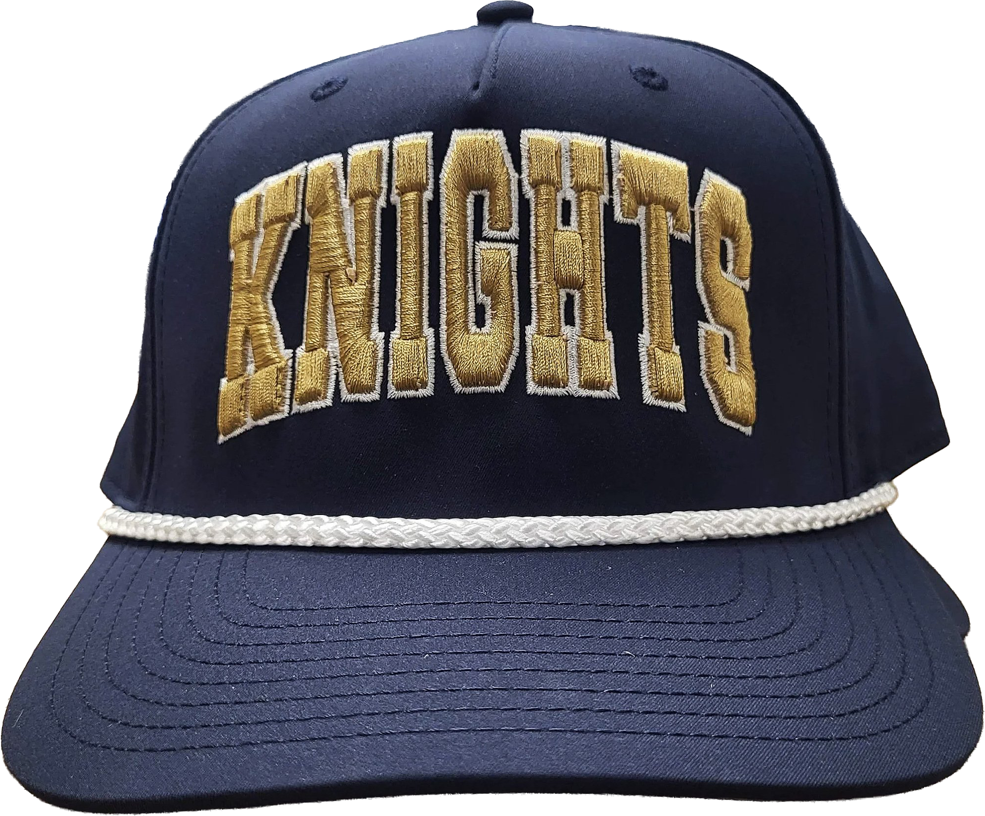 A navy blue baseball cap with the word 'KNIGHTS' embroidered in large gold letters on the front. The cap has a white braided band around the base of the crown.
