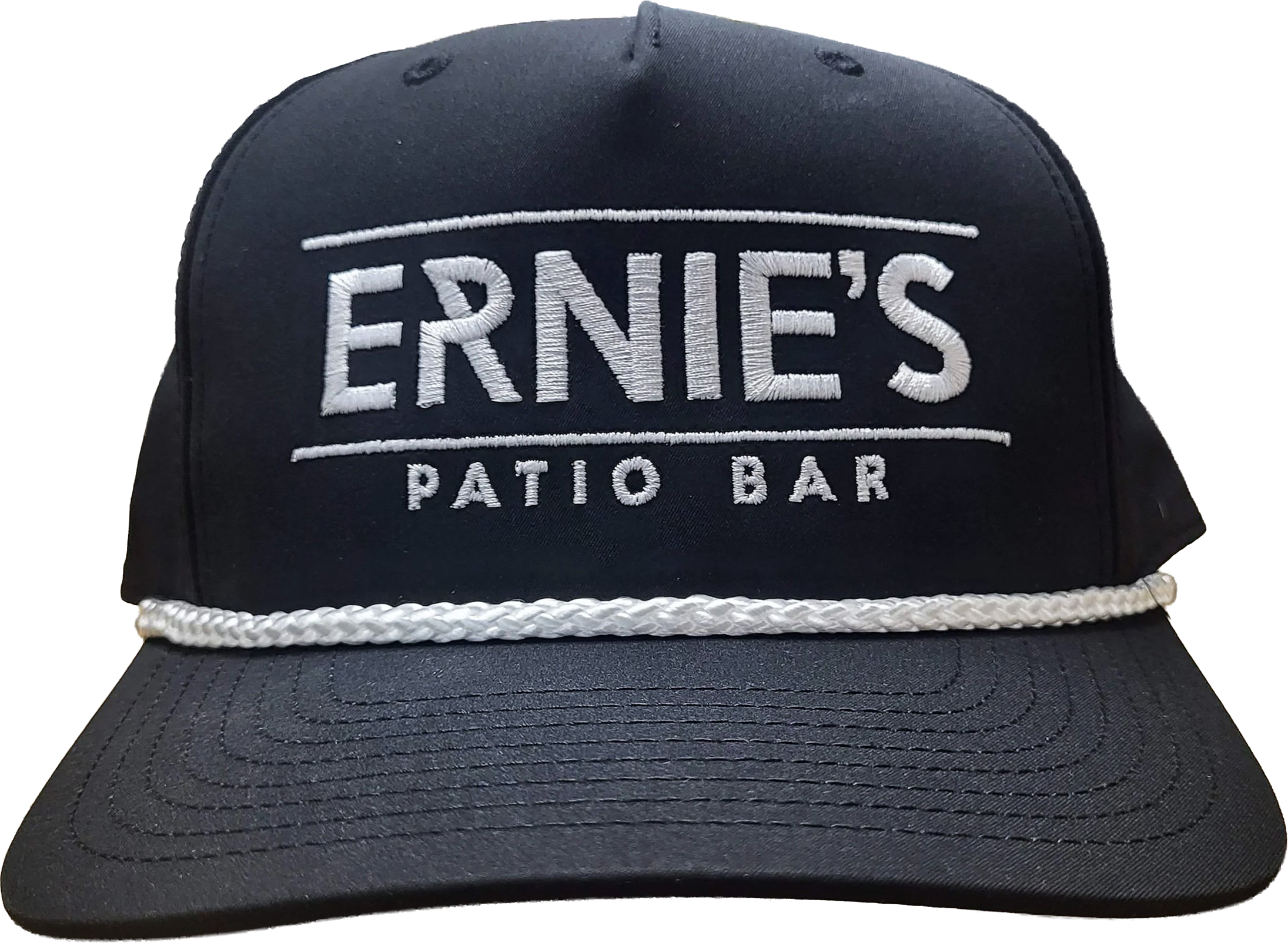 A black cap with white embroidered text that reads "ERNIES PATIO BAR" and a white braided rope around the base of the crown.
