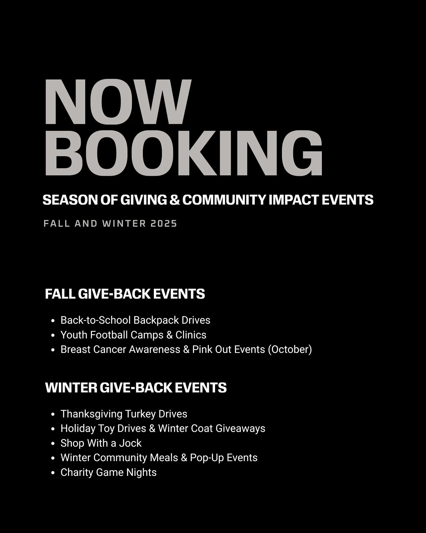 We plan it all so you can stay focused on the main thing, your sport. 🏆

INSPYR is now booking community impact events for Fall/Winter 2025! From coat drives to turkey giveaways to holiday shopping sprees, we handle every detail, from concept to exe