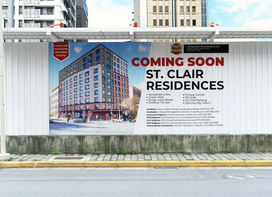 Billboard for the upcoming St. Clair Residences with a building illustration. Features include accessible units, green roof, street retail, rooftop terrace, fitness center, 76 units, on-site parking, and community room. Contractors and engineers' details are listed.