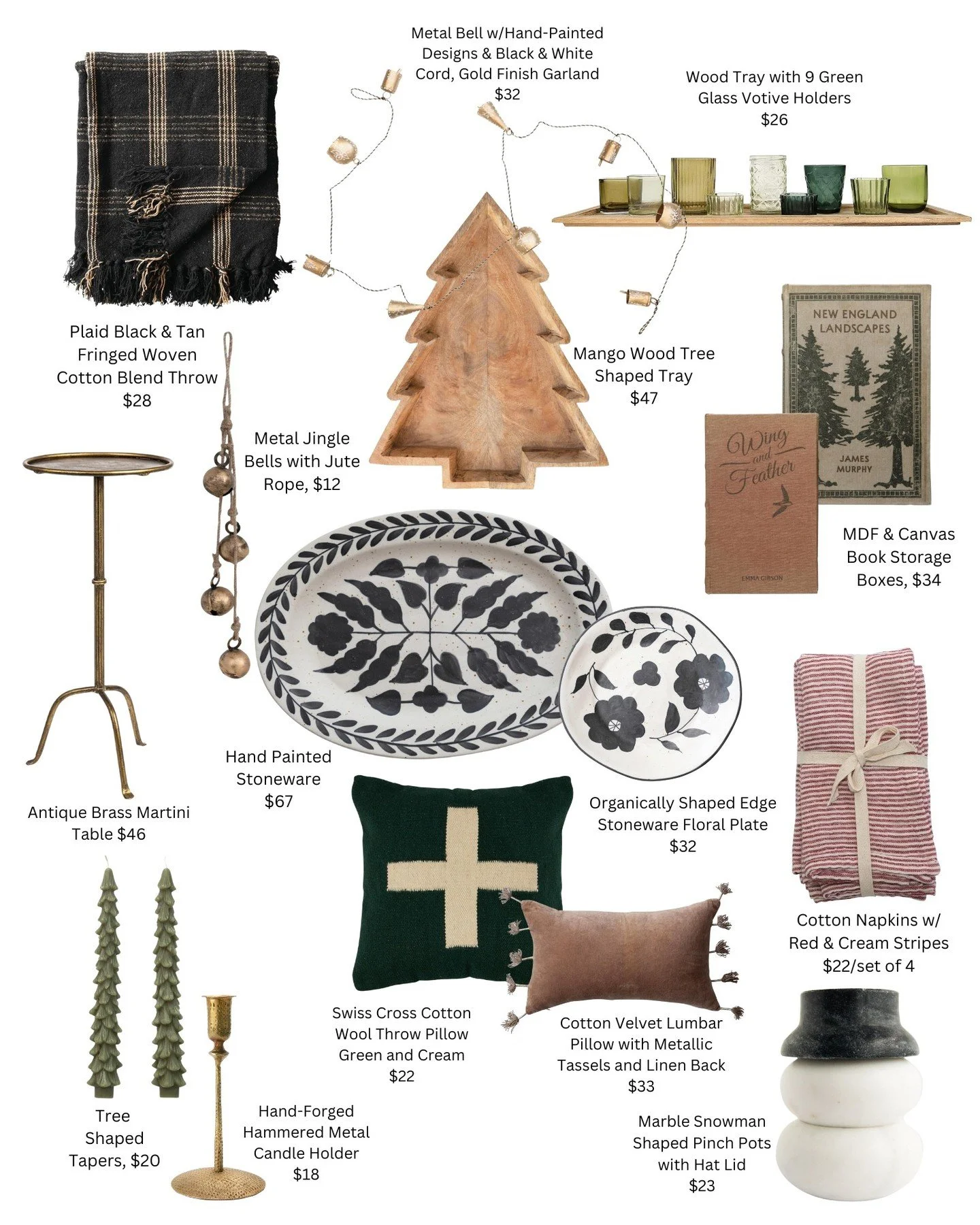 I've collected together some of my favorite holiday/decor offerings from Creative Co-Op on Amazon (I love their stuff!) Black, white, wood, and brass, with a touch of green...and I couldn't resist the red striped napkins. Simple, elegant, with a Scan