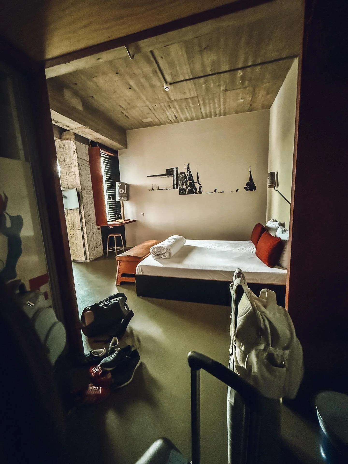 The @volkshotel was the perfect setting for our short stay in Amsterdam. The exposed concrete room was softened with caramel leather, natural wood tones, and blue and red accents. Our room, the &ldquo;XL&rdquo; had plenty of room for two beds, one of