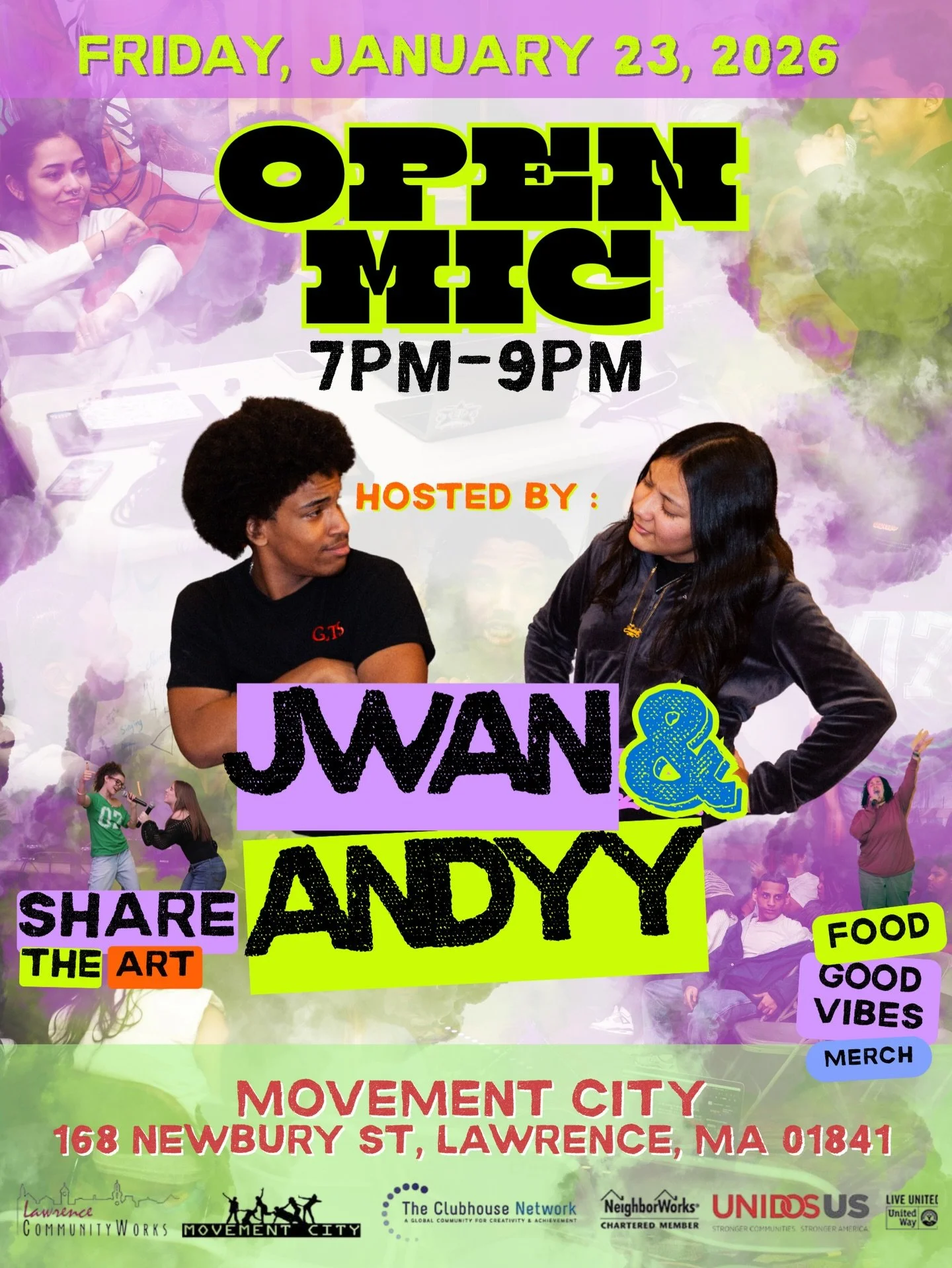 We&rsquo;re back! Join us Friday, January 23rd at Movement City for Open Mic at 7 pm, hosted by Jwan &amp; Andyy.

Acomp&aacute;&ntilde;anos el viernes 23 de enero en Movement City para Open Mic a las 7 pm, presentado por Jwan y Andyy.