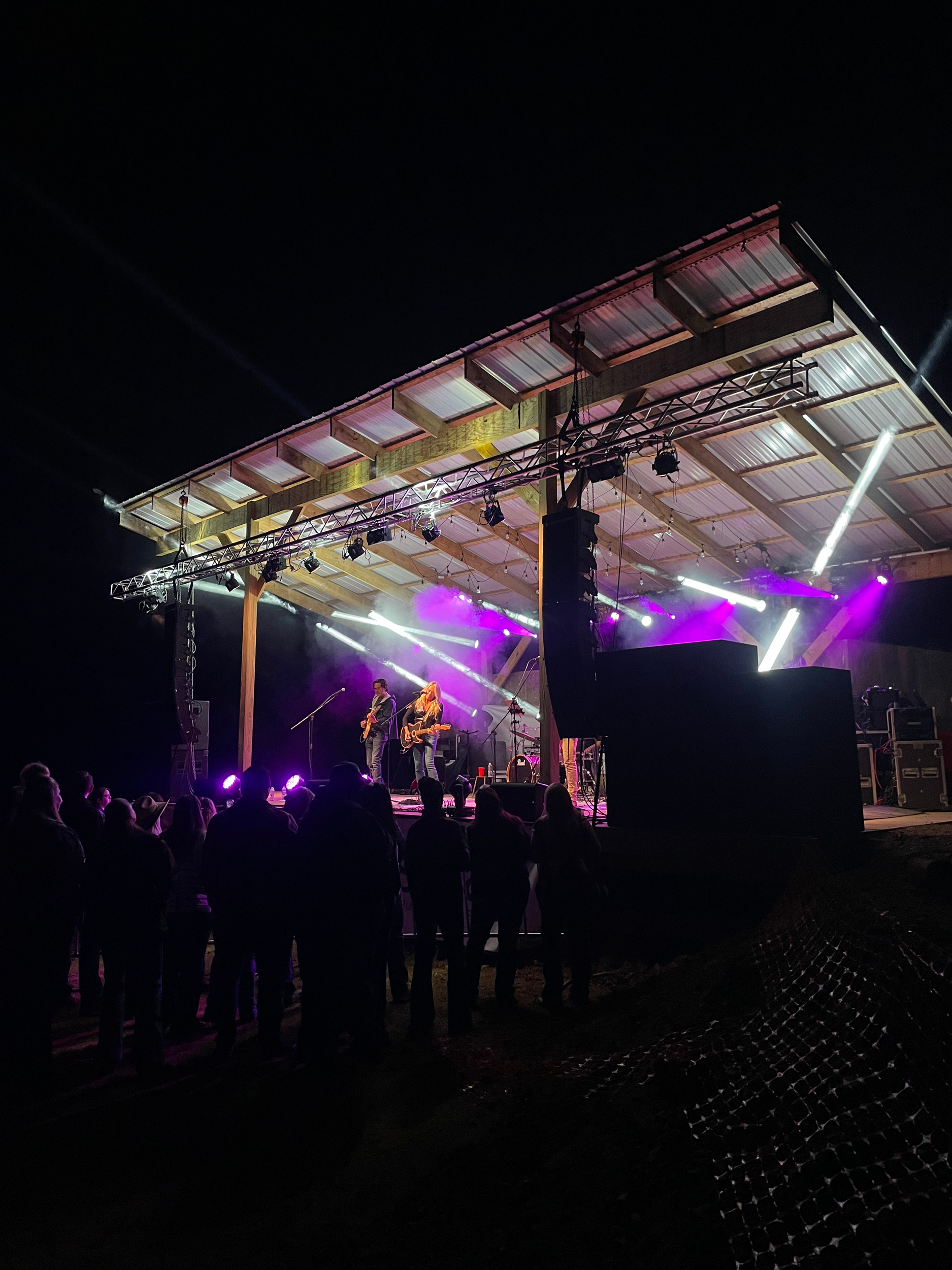 Nighttime concert scene with an outdoor stage, band performing with colorful lighting, and audience watching behind a chain-link fence.