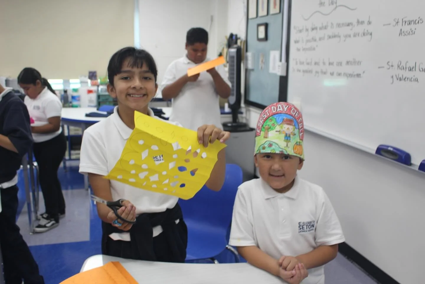 Our 1st graders (wearing their first day of fall hats! 🍂🍁) and their 5th grade buddies teamed up for a special papel picado project in celebration of Hispanic Heritage Month! 🎉

Working side by side, our Seton Saints explored this beautiful tradit