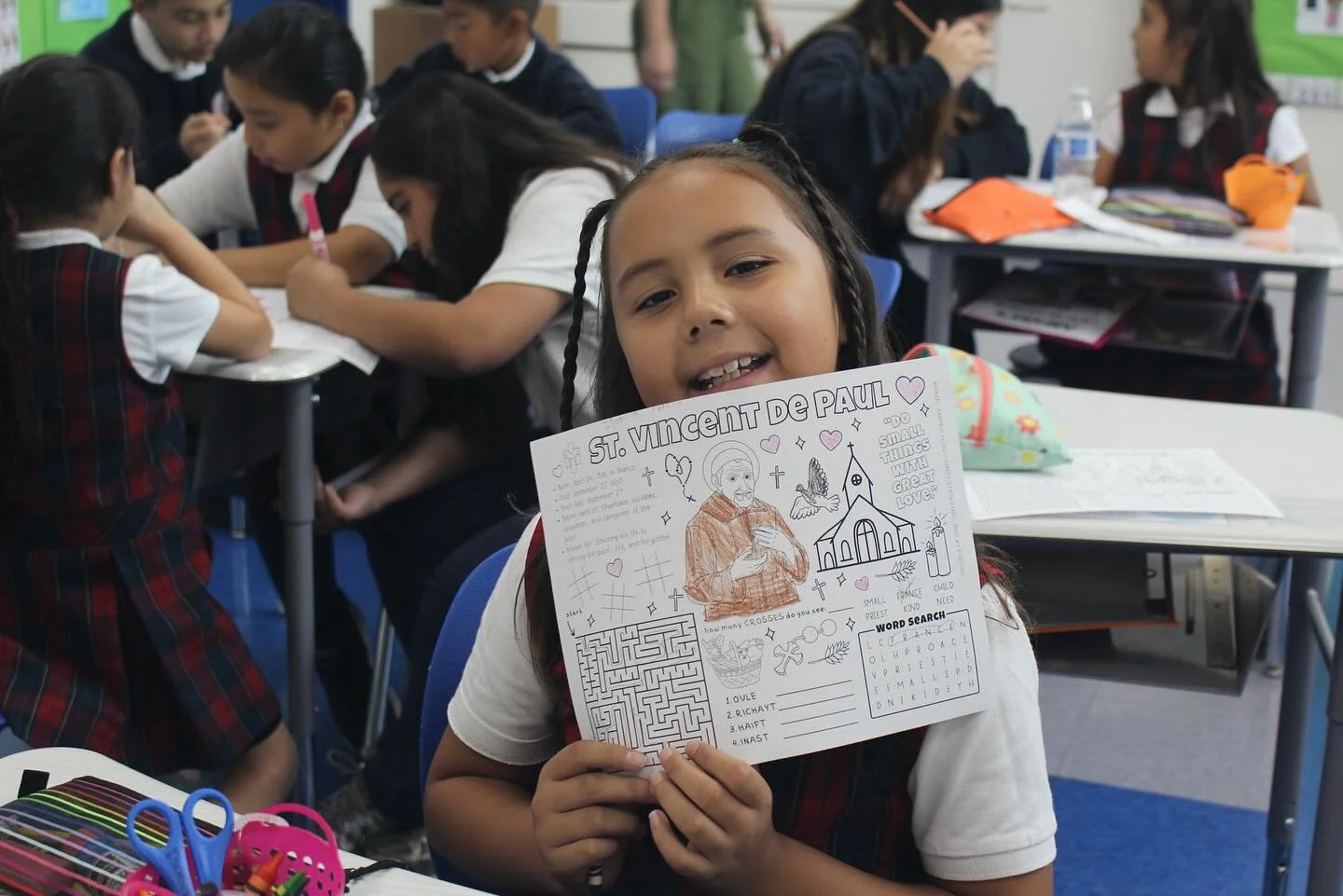As a Daughters of Charity sponsored school, we joyfully celebrated the life and legacy of St. Vincent de Paul, founding father of the Daughters of Charity. 🩵 Our students learned about his mission of service and compassion, then worked on a special 