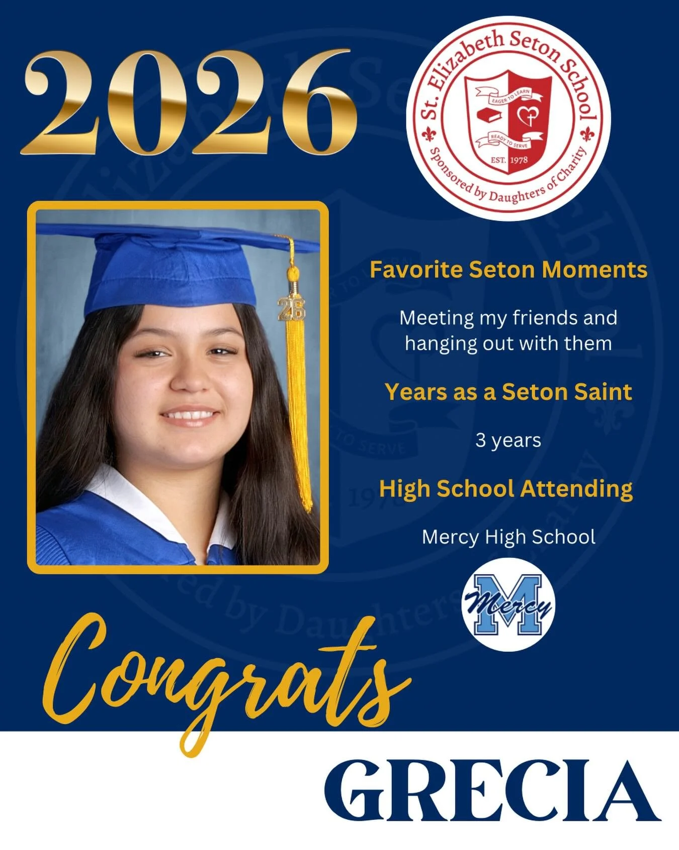 Join us in celebrating Grecia! 🎓

#EagerToLearnReadyToServe #SetonPaloAlto #DSJcatholicschools #SetonGraduates #ClassOf2026