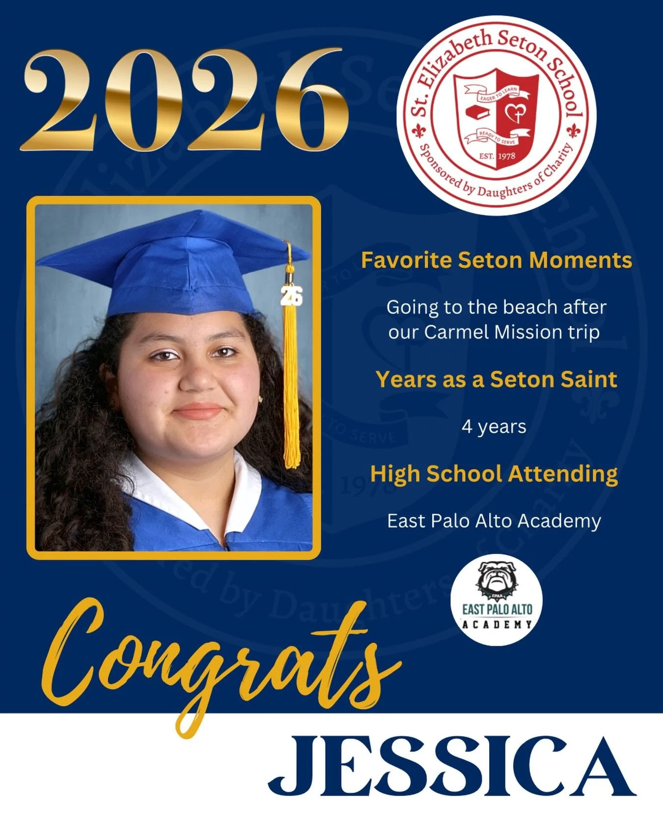 Join us in celebrating Jessica! 🎓

#EagerToLearnReadyToServe #SetonPaloAlto #DSJcatholicschools #SetonGraduates #ClassOf2026