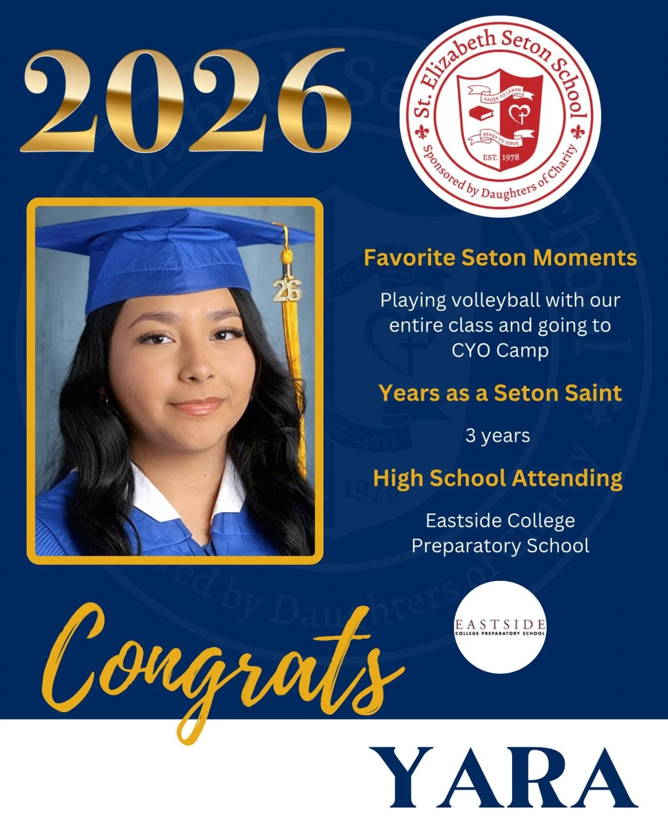 Join us in celebrating Yara! 🎓

#EagerToLearnReadyToServe #SetonPaloAlto #DSJcatholicschools #SetonGraduates #ClassOf2026