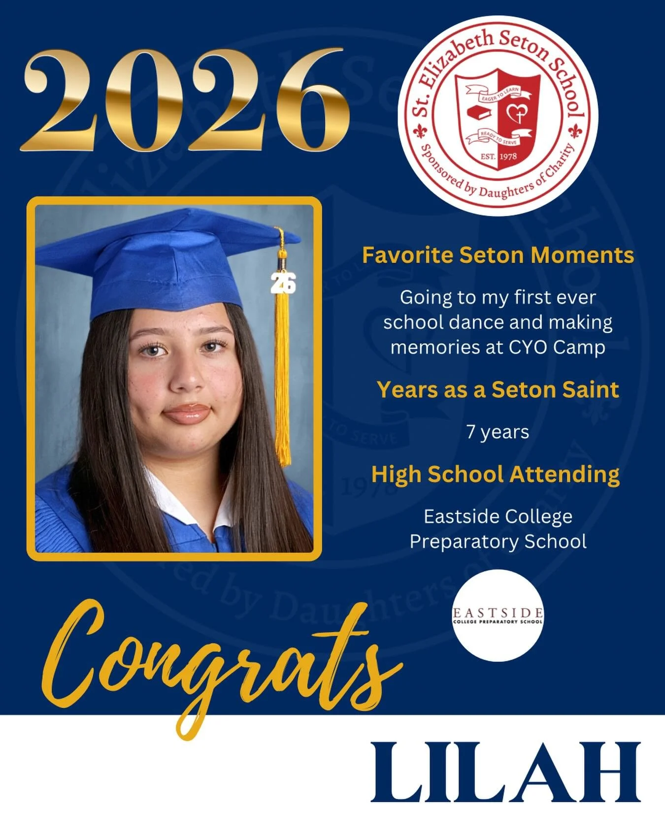 Join us in celebrating Lilah! 🎓

#EagerToLearnReadyToServe #SetonPaloAlto #DSJcatholicschools #SetonGraduates #ClassOf2026