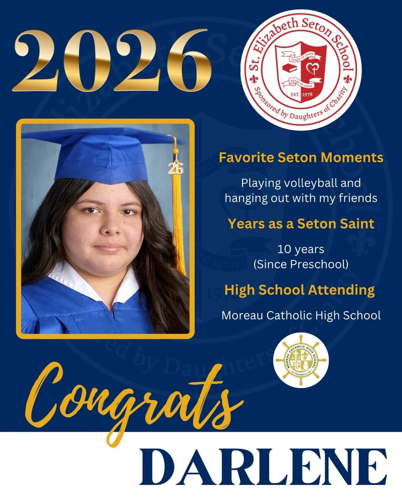 Join us in celebrating Darlene! 🎓

#EagerToLearnReadyToServe #SetonPaloAlto #DSJcatholicschools #SetonGraduates #ClassOf2026
