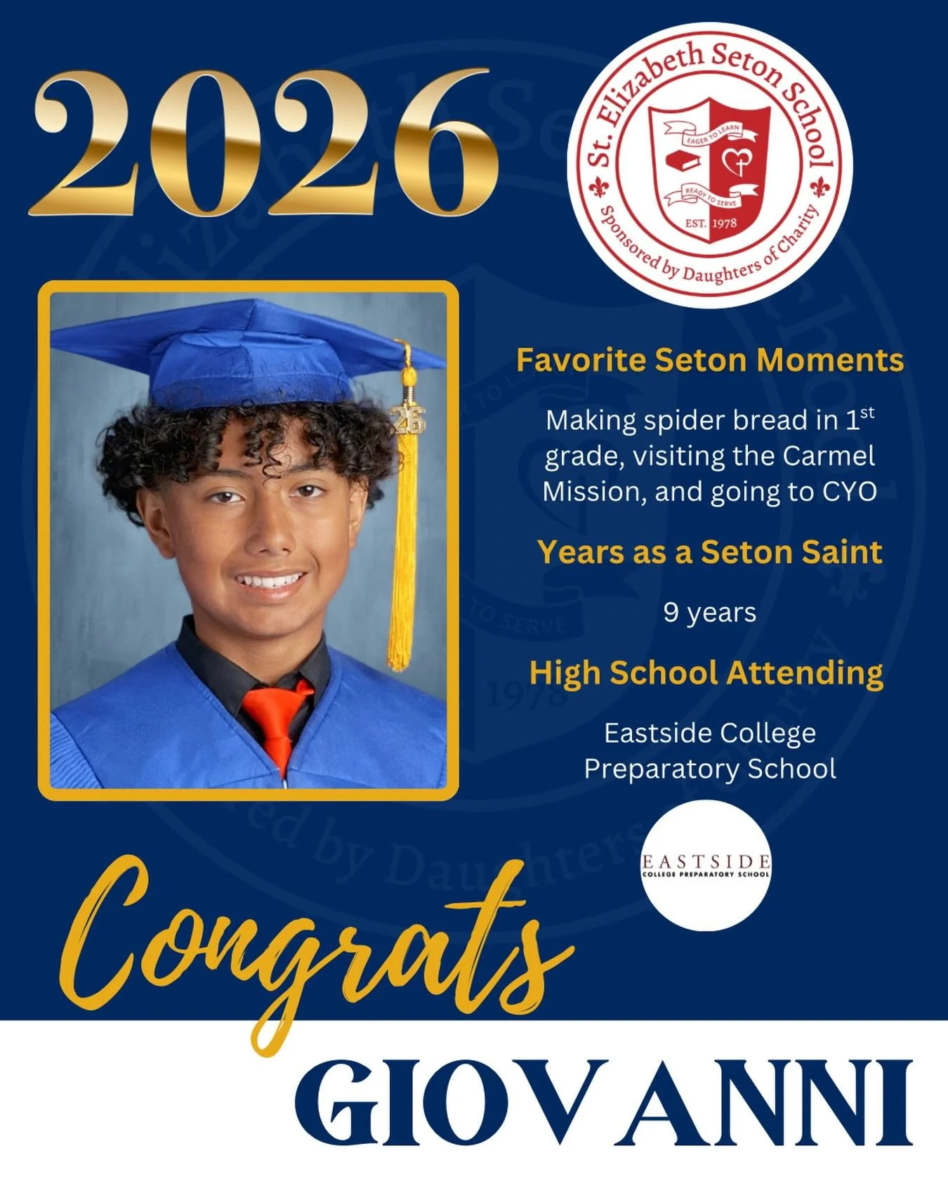 Join us in celebrating Gio! 🎓

#EagerToLearnReadyToServe #SetonPaloAlto #DSJcatholicschools #SetonGraduates #ClassOf2026