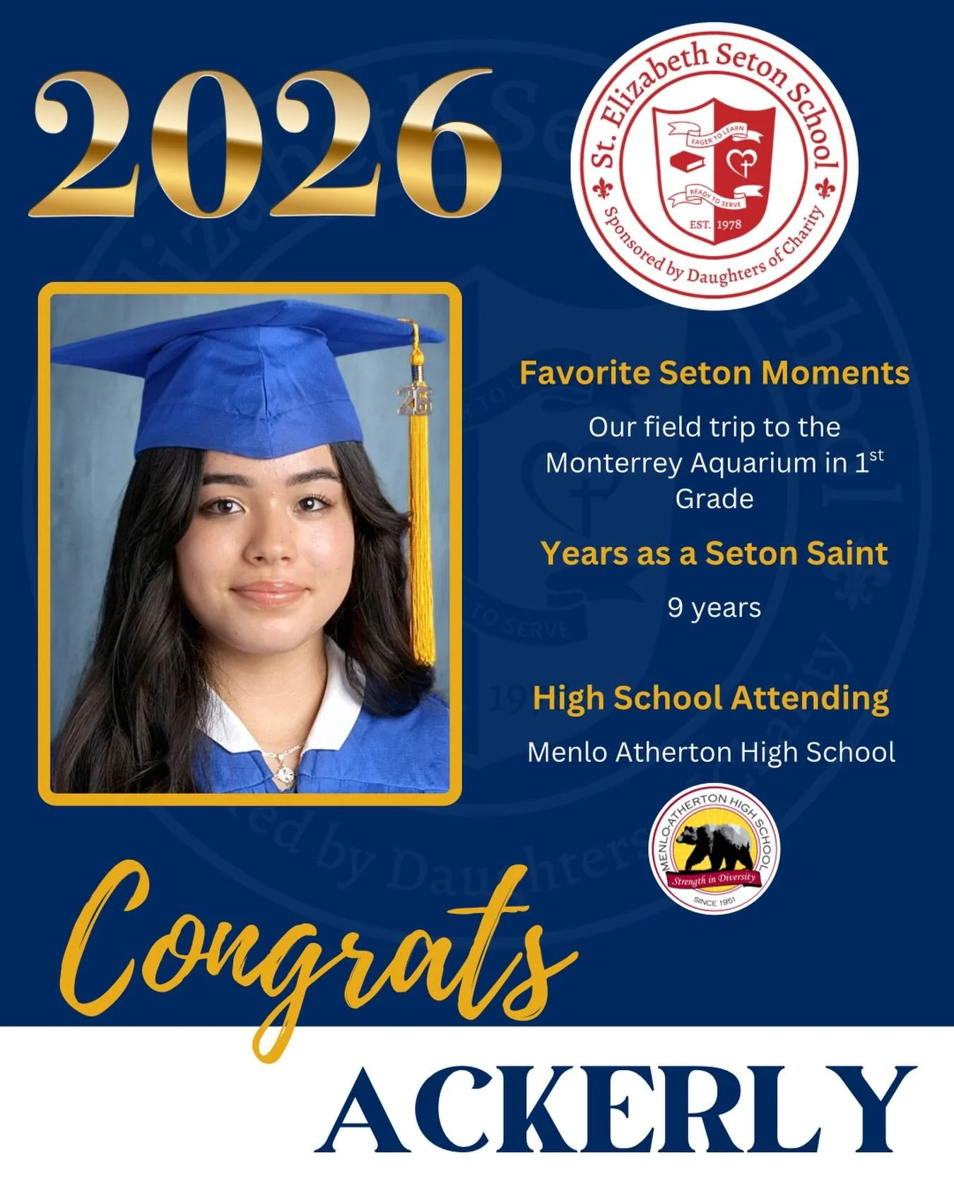 Join us in celebrating Ackerly! 🎓

#EagerToLearnReadyToServe #SetonPaloAlto #DSJcatholicschools #SetonGraduates #ClassOf2026