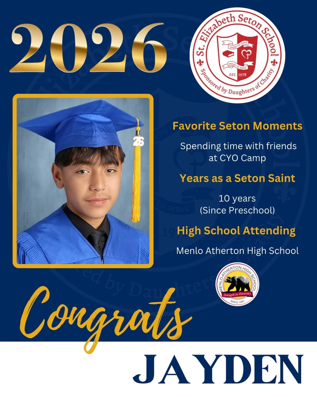 Join us in celebrating Jayden! 🎓

#EagerToLearnReadyToServe #SetonPaloAlto #DSJcatholicschools #SetonGraduates #ClassOf2026