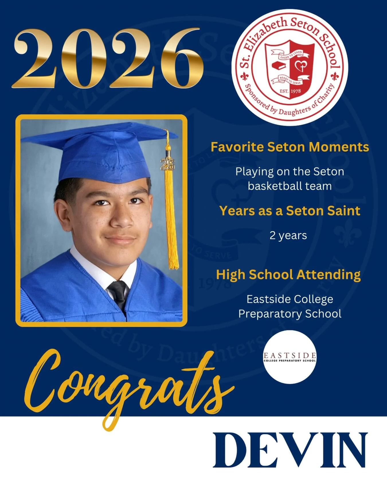 Join us in celebrating Devin! 🎓

#EagerToLearnReadyToServe #SetonPaloAlto #DSJcatholicschools #SetonGraduates #ClassOf2026