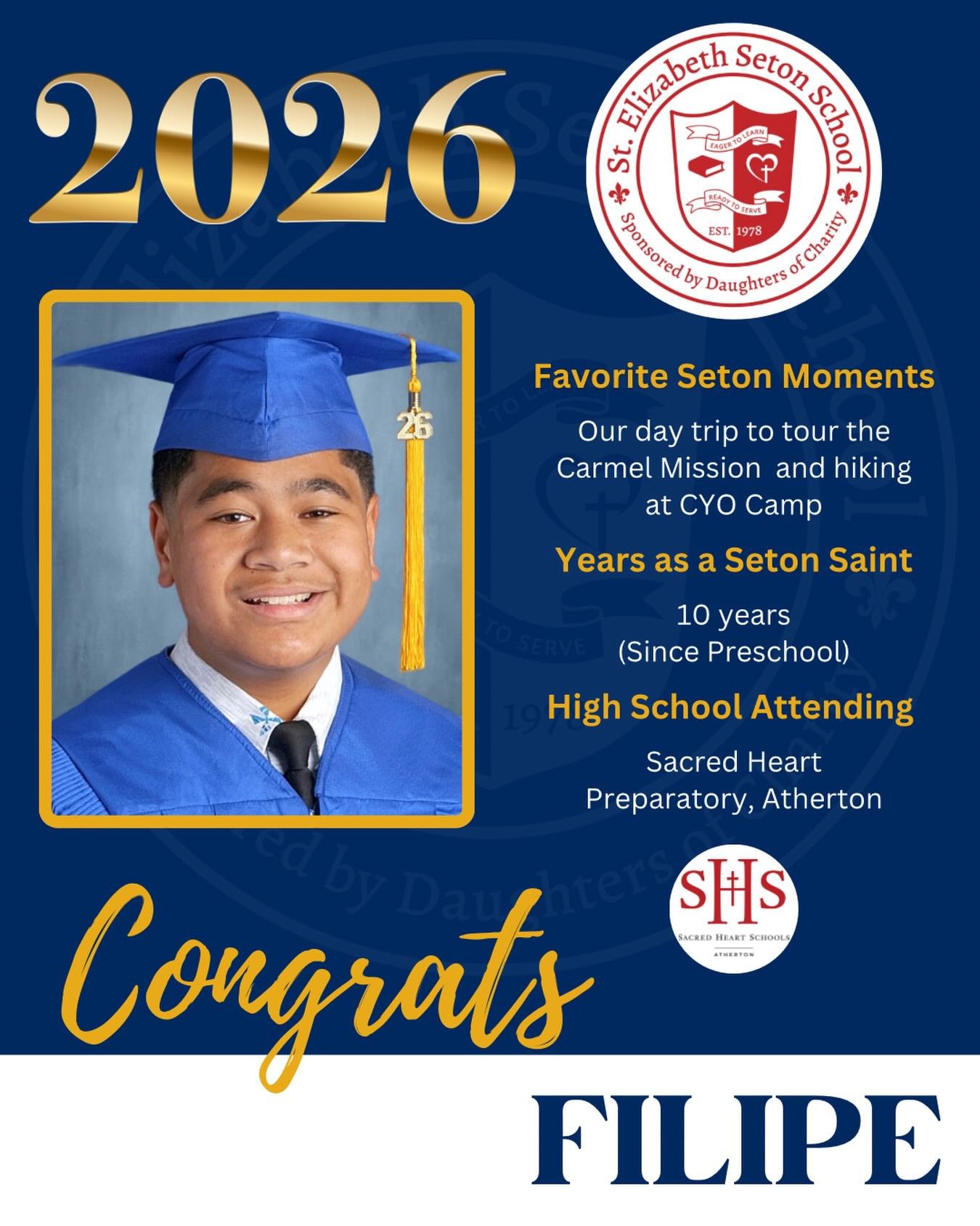 Join us in celebrating Filipe! 🎓

#EagerToLearnReadyToServe #SetonPaloAlto #DSJcatholicschools #SetonGraduates #ClassOf2026