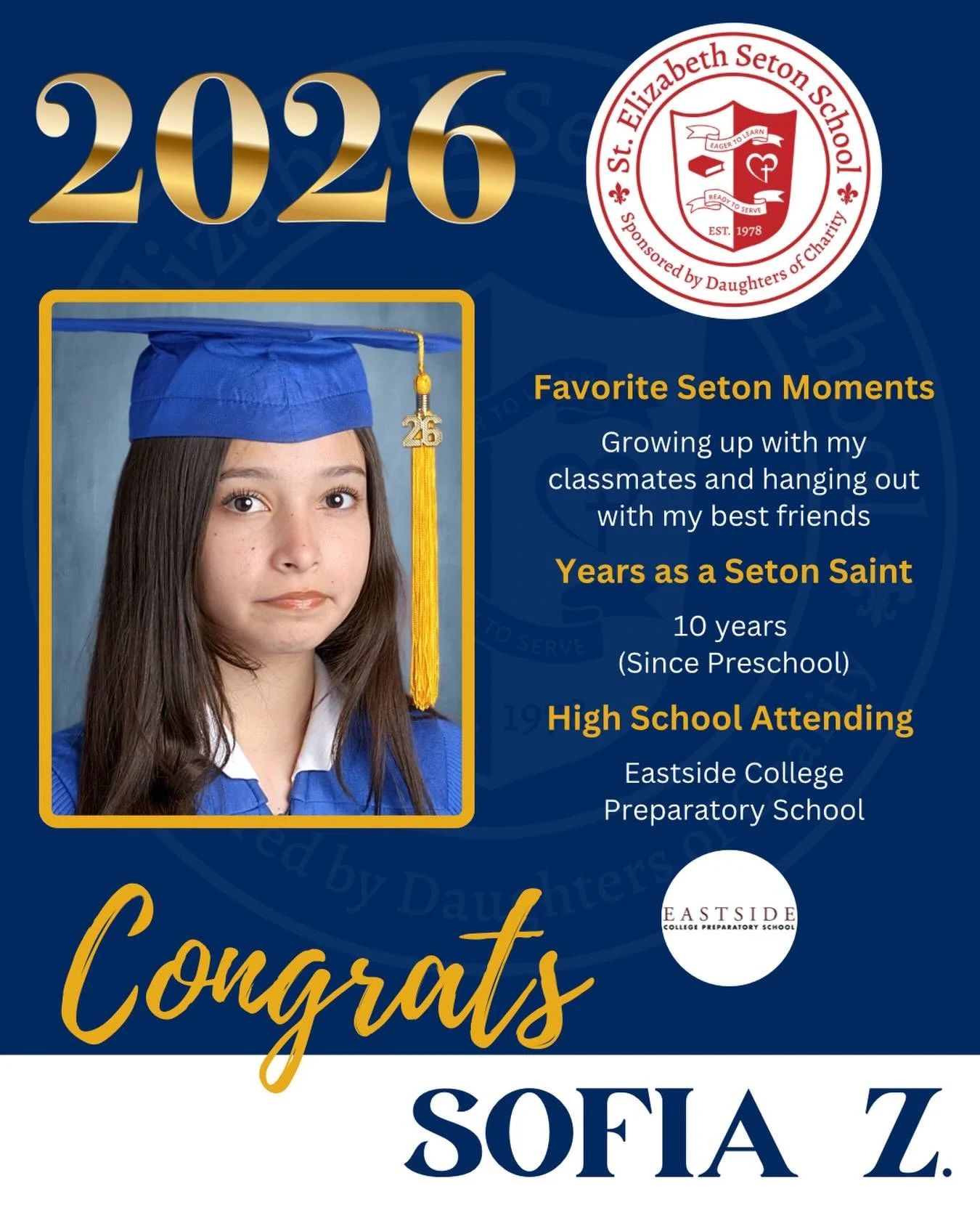 Join us in celebrating Sofia! 🎓

#EagerToLearnReadyToServe #SetonPaloAlto #DSJcatholicschools #SetonGraduates #ClassOf2026
