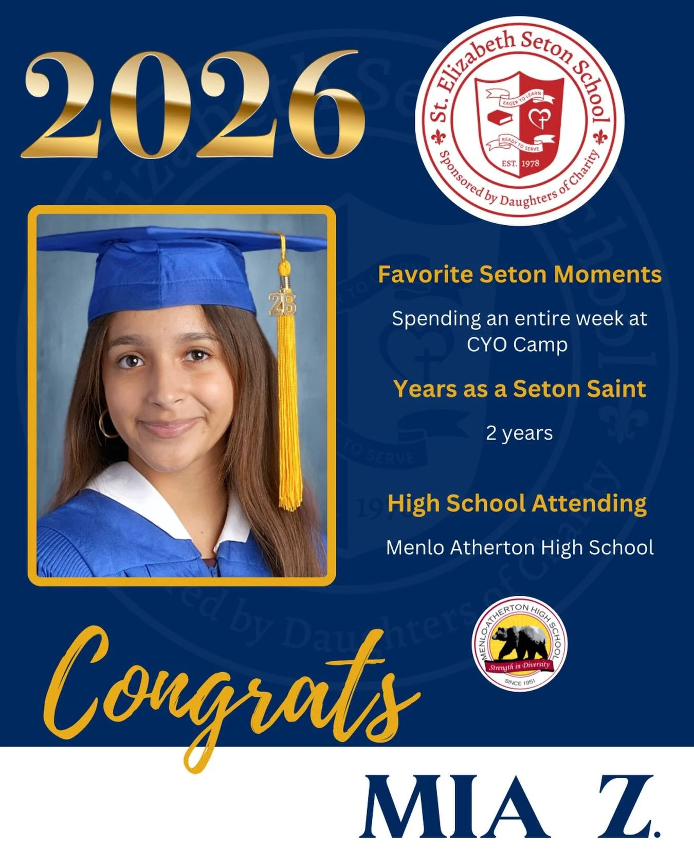 Join us in celebrating Mia! 🎓

#EagerToLearnReadyToServe #SetonPaloAlto #DSJcatholicschools #SetonGraduates #ClassOf2026
