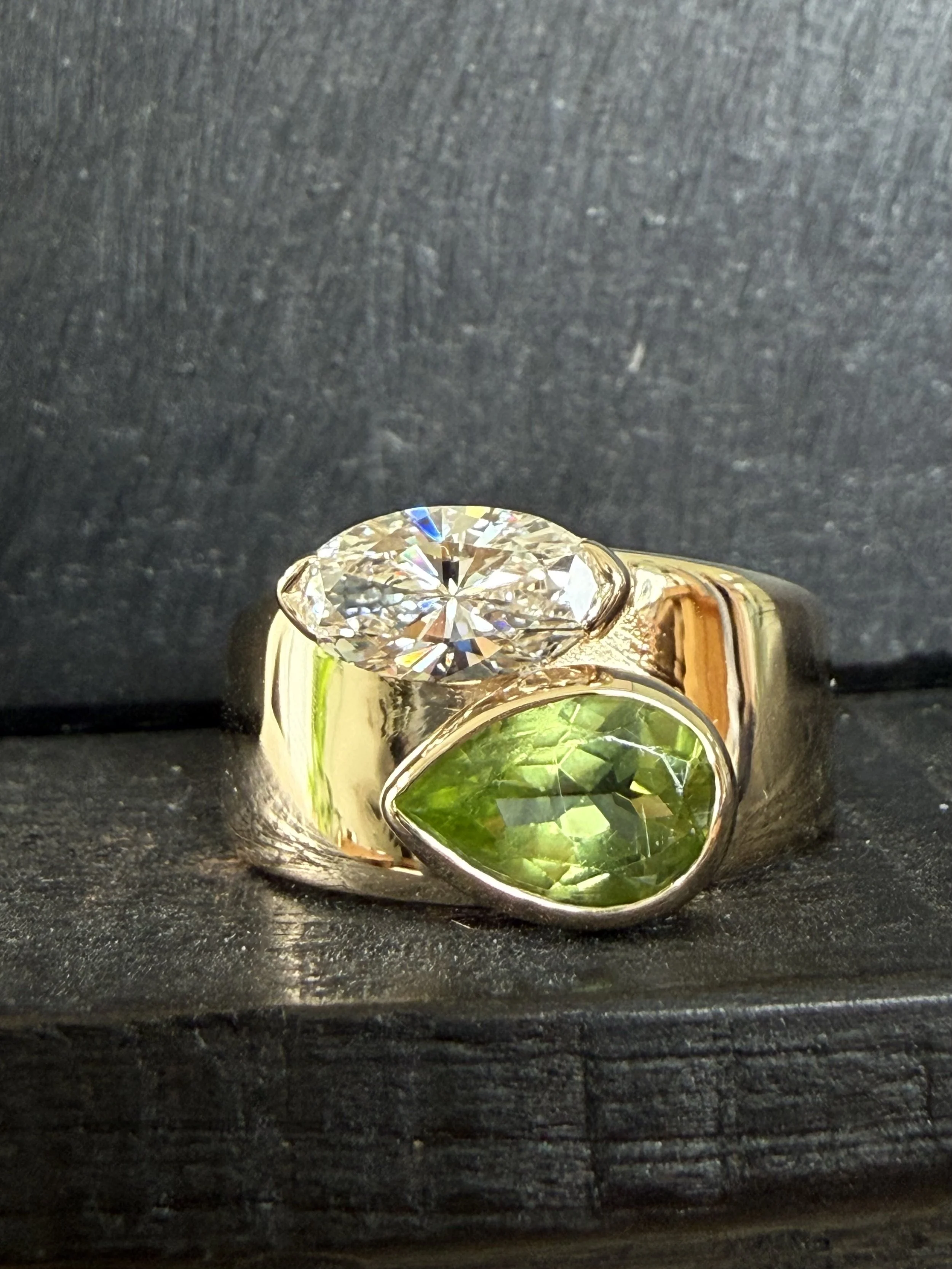 Toi et moi rings are all about pairing stones that mean something to YOU— birthstones, an inherited gem, a color you can’t stop thinking about. Here we used an inherited diamond paired with a peridot that was once used as a wedding ring. Reimagined a
