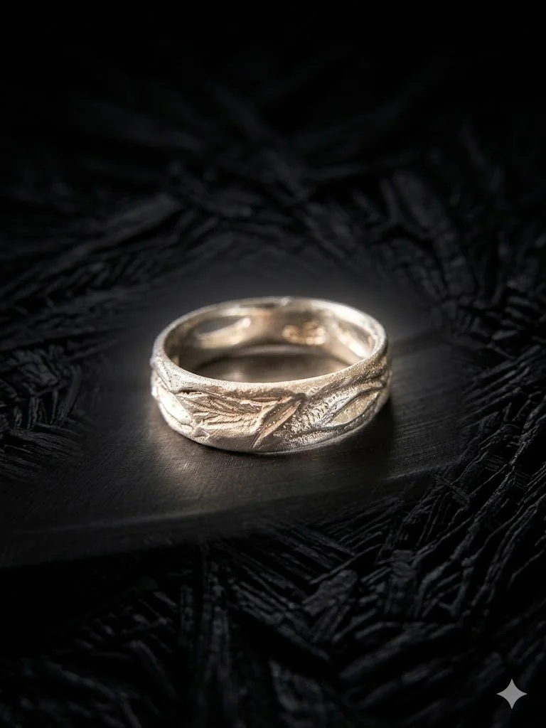 Hand carved forest band. Platinum. 
