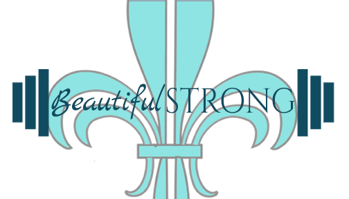 A stylized fleur-de-lis with the words 'Beautiful' and 'Strong' written across it, and weightlifting plates on each side.
