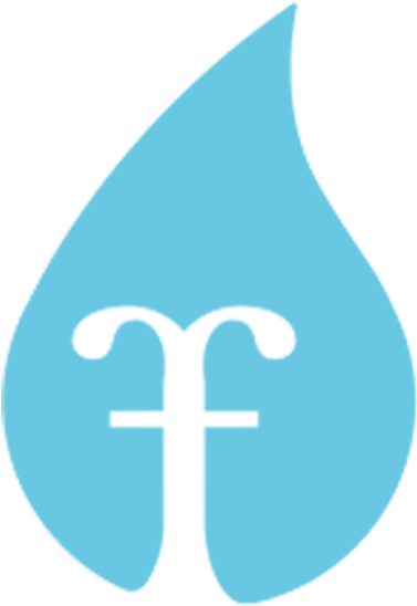 A light blue water droplet with a white stylized lowercase letter 'f' in the center.