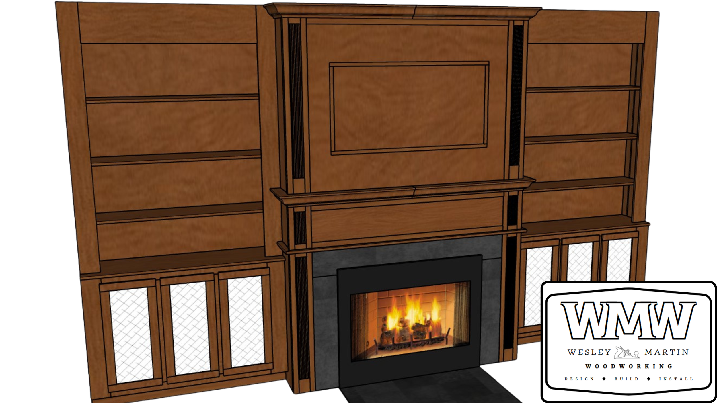 Custom CAD image of fireplace and built ins