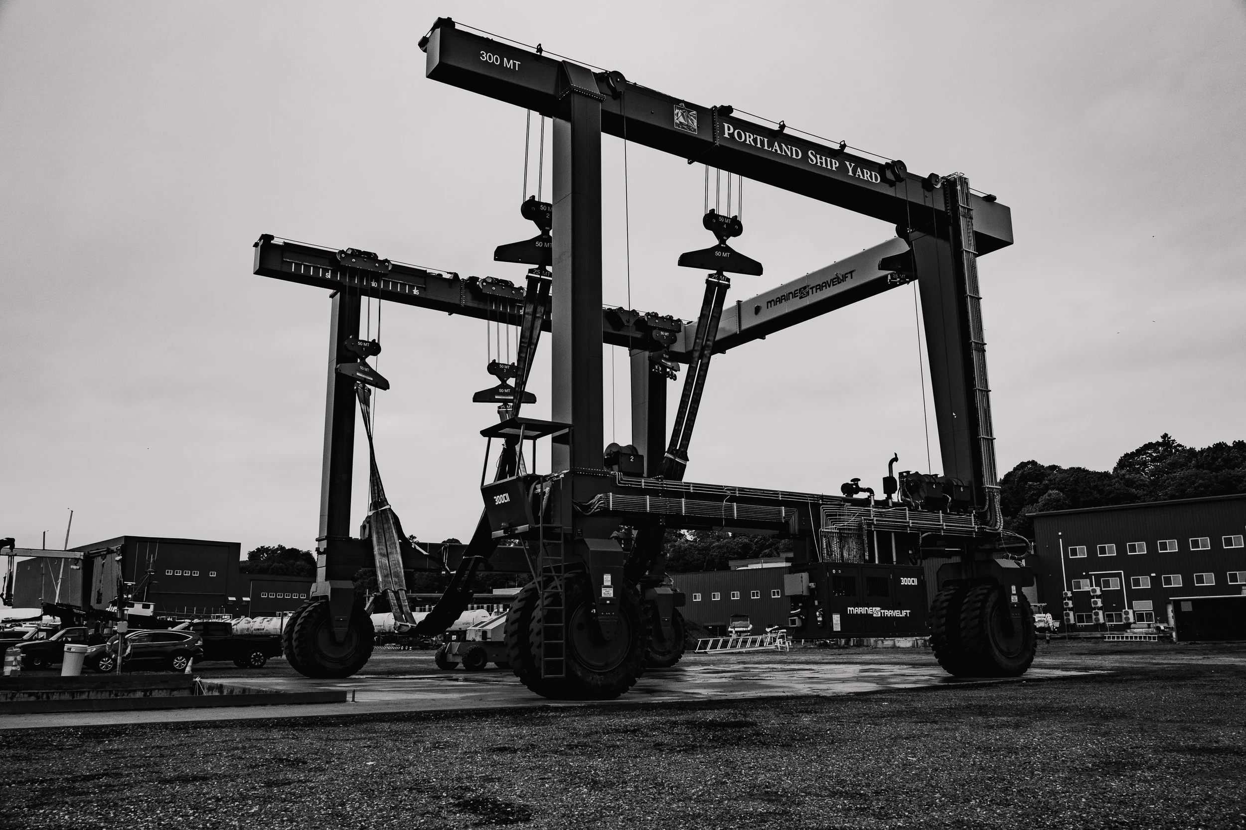 The mammoth Marine Travelift used to pickup Vahi out of the Portland Harbor