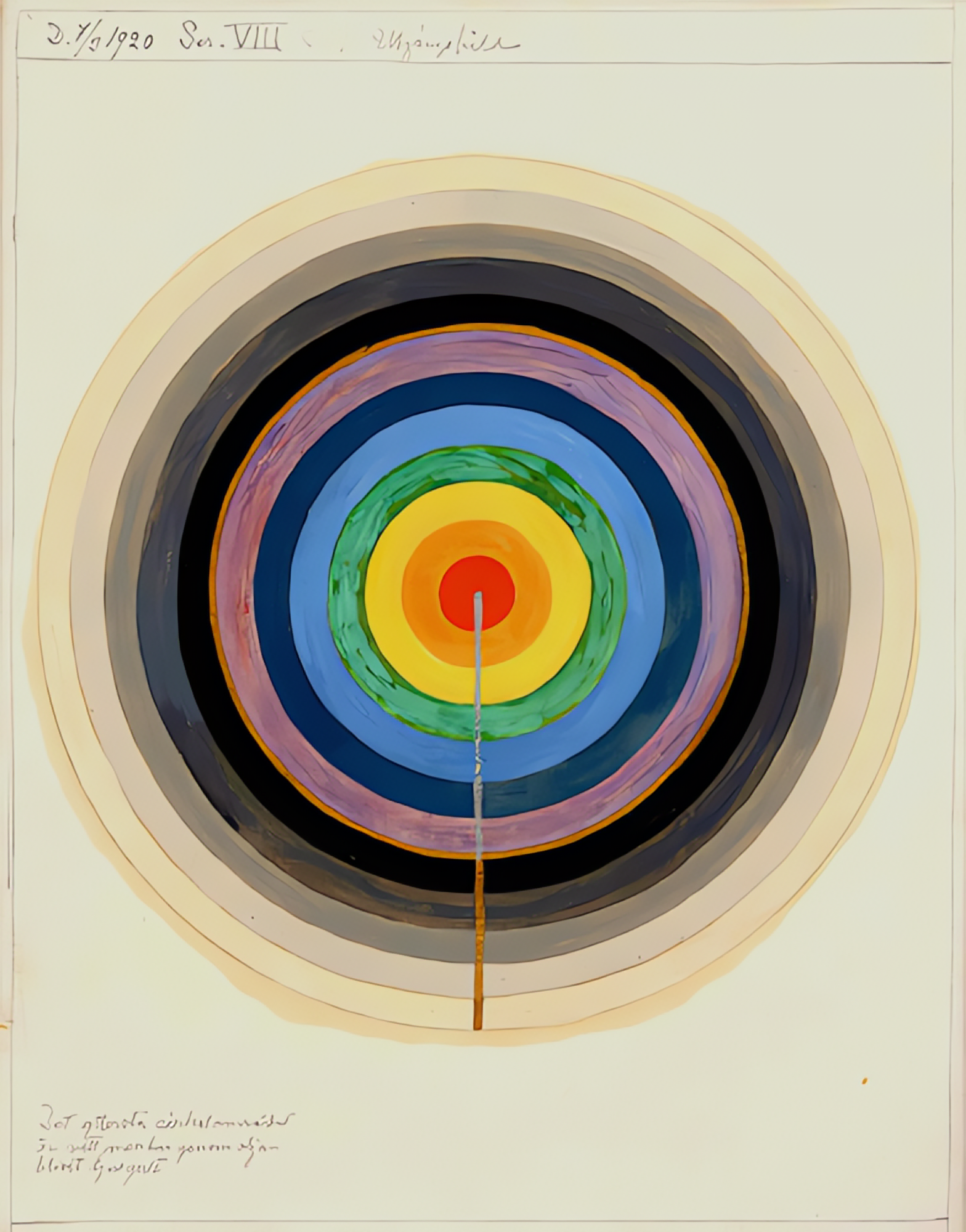 Colorful concentric circles resembling a target, with a center in red, yellow, green, blue, black, purple, and beige, and a vertical line crossing the center.