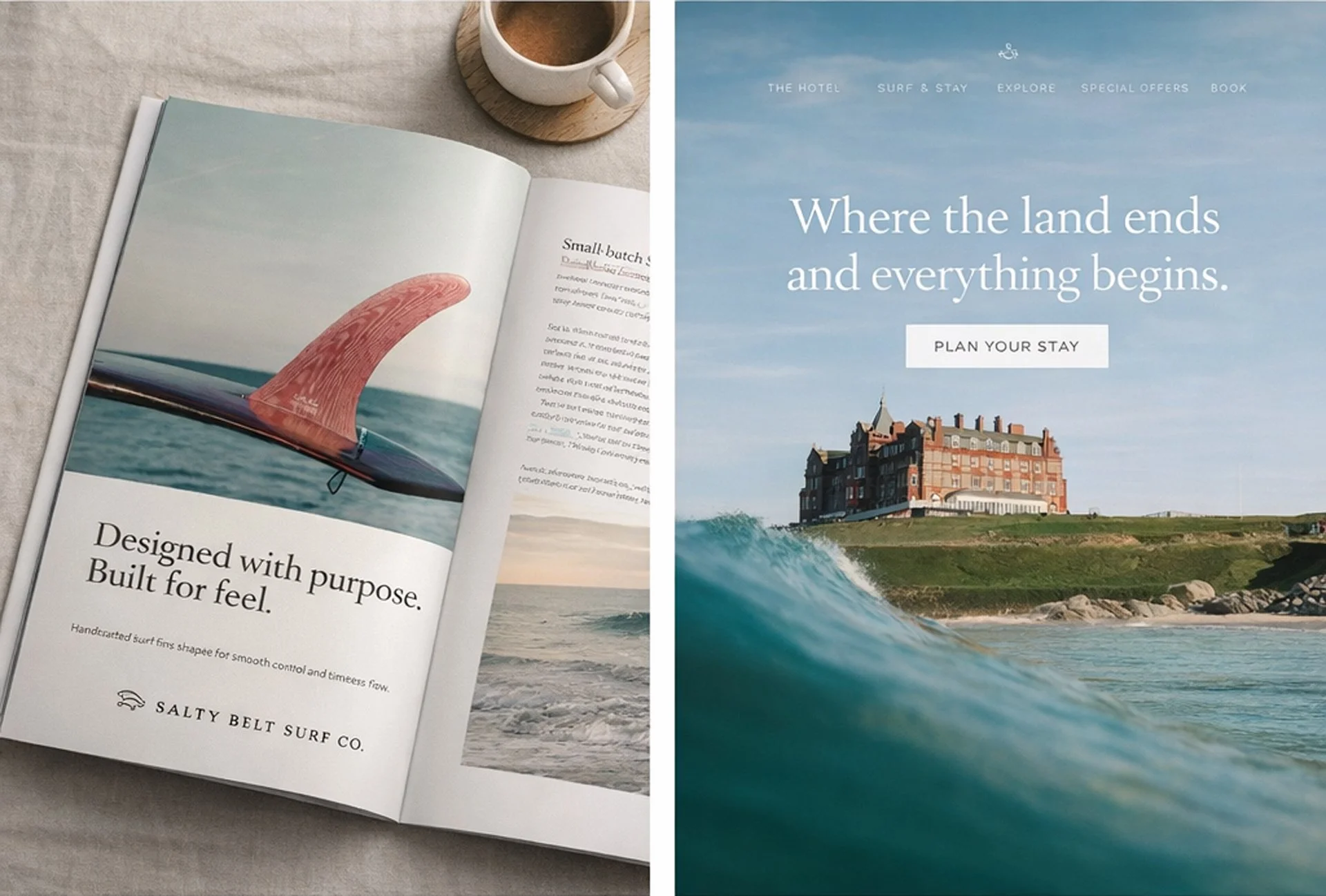 Examples of AQUASNAPS surf photography displayed in a printed surf magazine and on a website, showcasing commercial uses for surf and ocean imagery