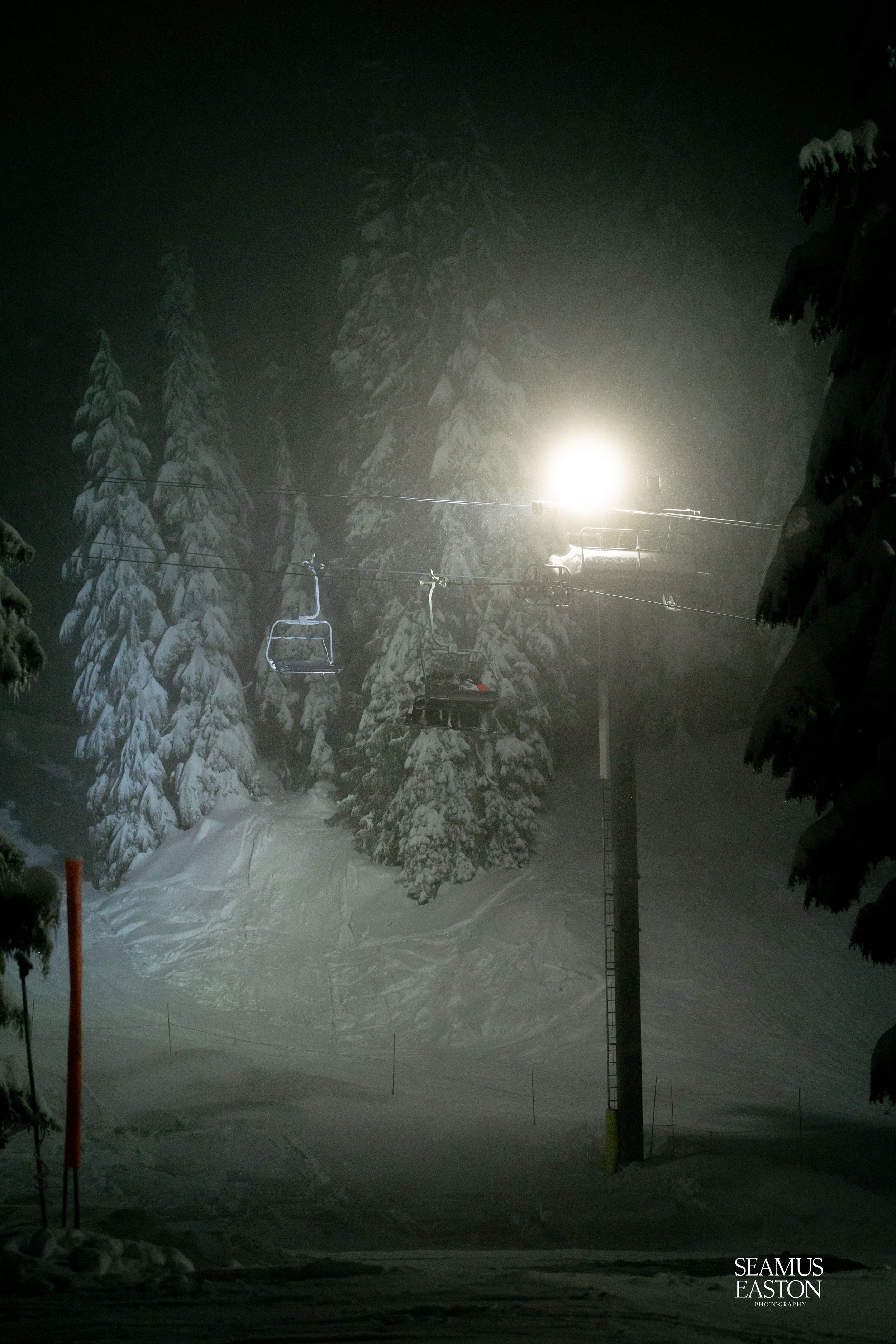 Night scene at a snowy ski resort with illuminated chairlift and snow-covered trees.
