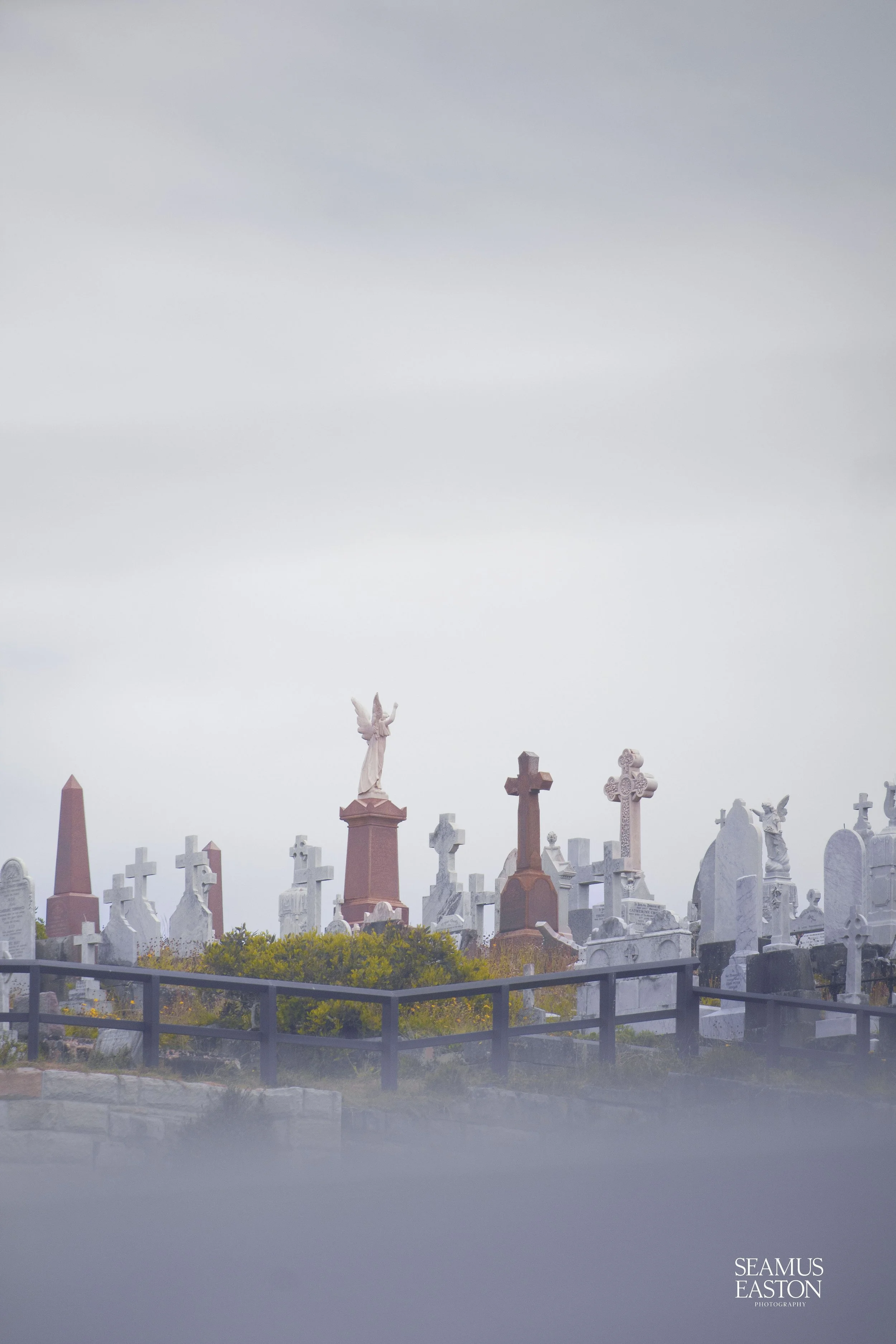 Graveyard with multiple tombstones and statues, including an angel statue, under a cloudy sky.