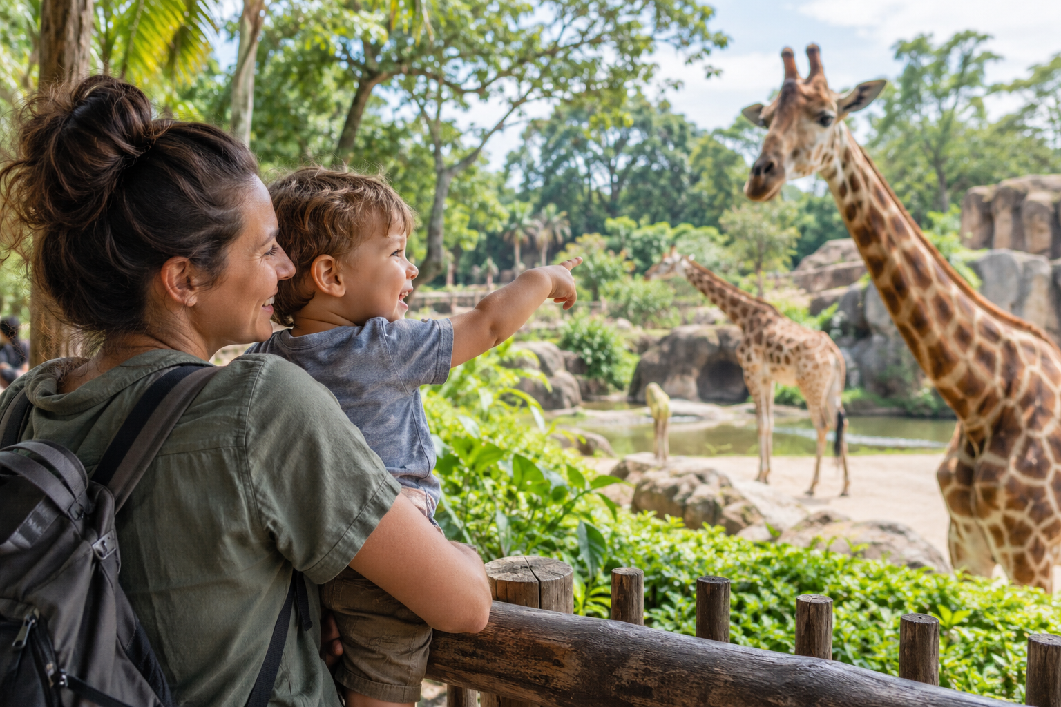 Toddler and parent watching animals together during a family theme park visit.