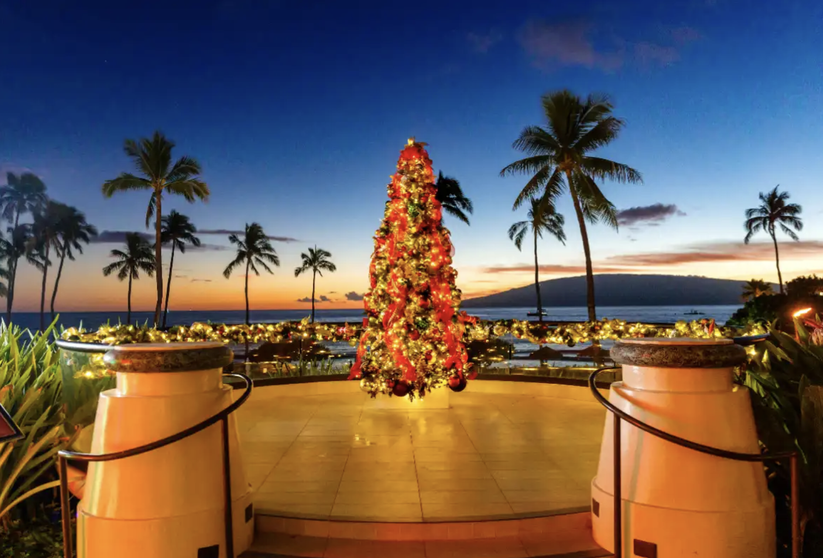 Decorated Christmas tree overlooking the Pacific Ocean and palm trees at a Hawaiian resort.