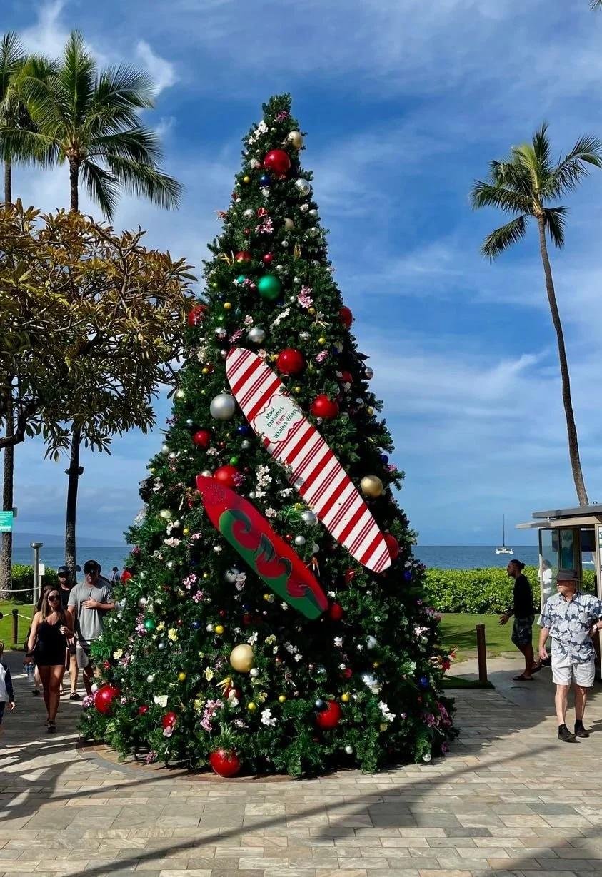 Hawaiian Christmas tree decorated with colorful ornaments and surfboards beneath palm trees near the ocean.