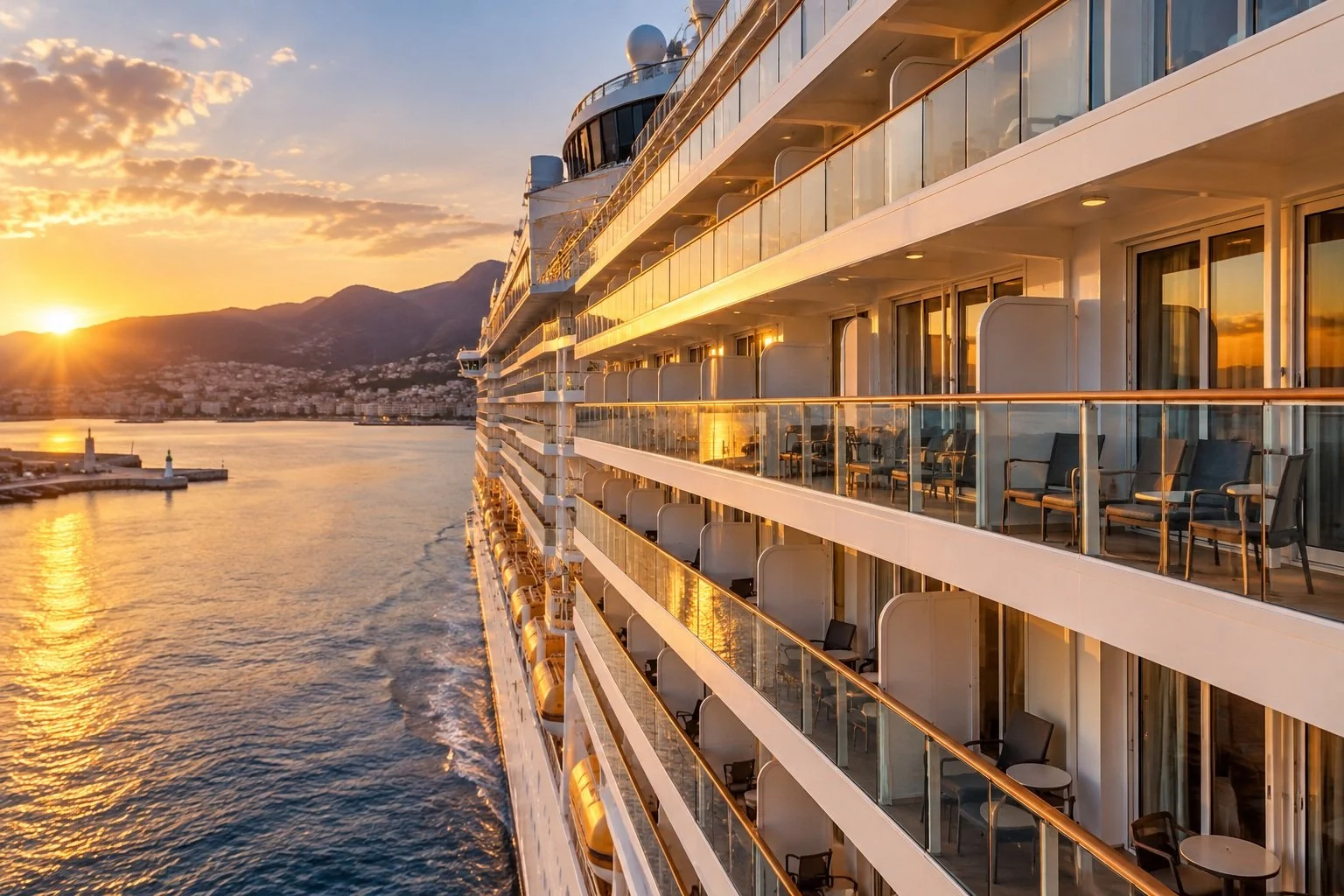 Balcony cabins on a cruise ship, illustrating different cabin categories and availability.