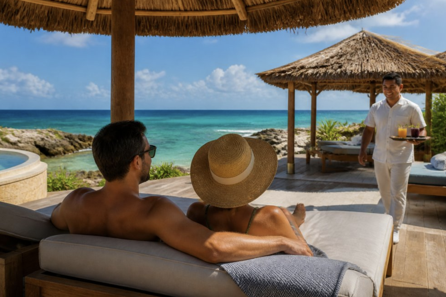 Couple relaxing in a private oceanfront cabana as a resort attendant serves drinks at a luxury adults-only resort.