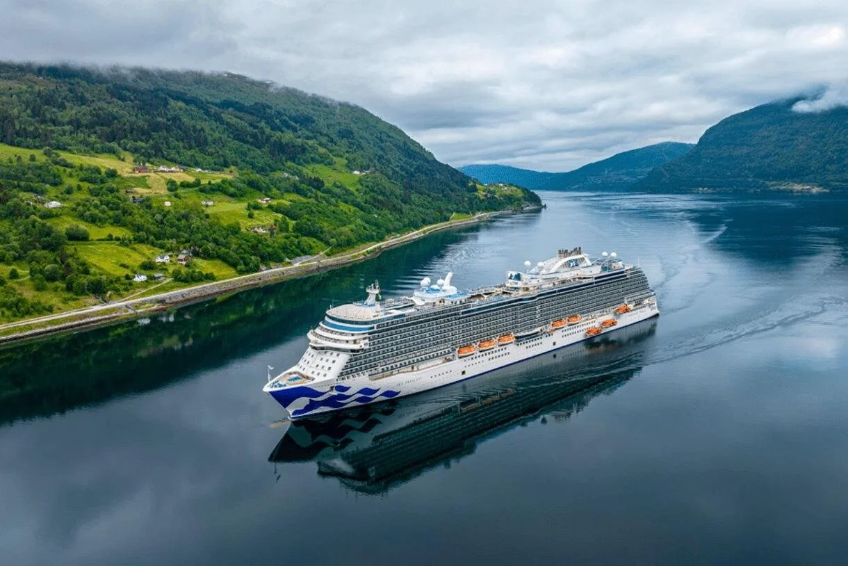 Princess cruise ship sailing through a Norwegian fjord surrounded by steep green mountains.