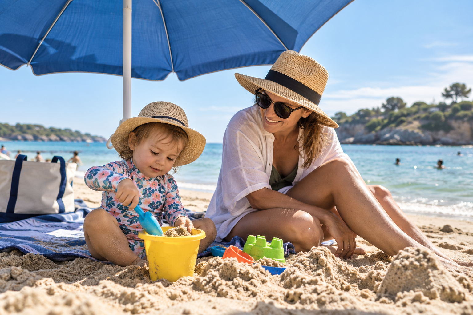 Toddler playing in beach sand beside a parent under a shade umbrella