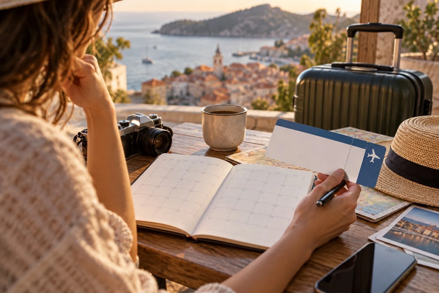 Traveler using a calendar to compare possible vacation dates