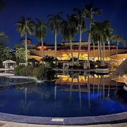 Illuminated resort swimming pool surrounded by tall palm trees and tropical architecture at night.