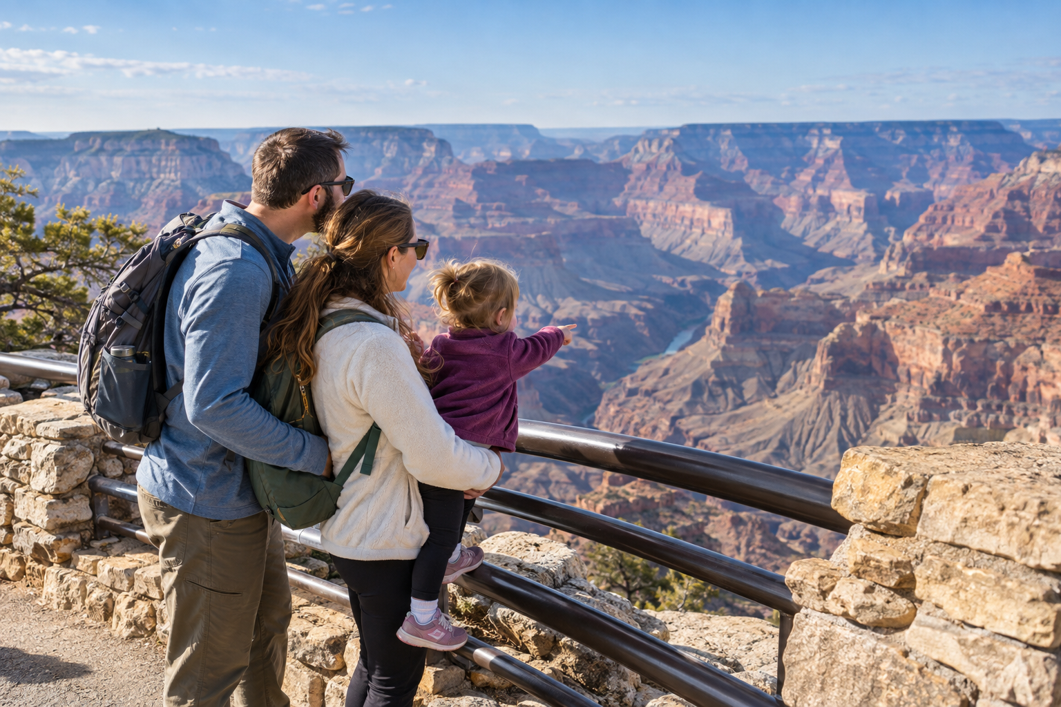 Family with a toddler looking out over the Grand Canyon from a South Rim viewpoint.