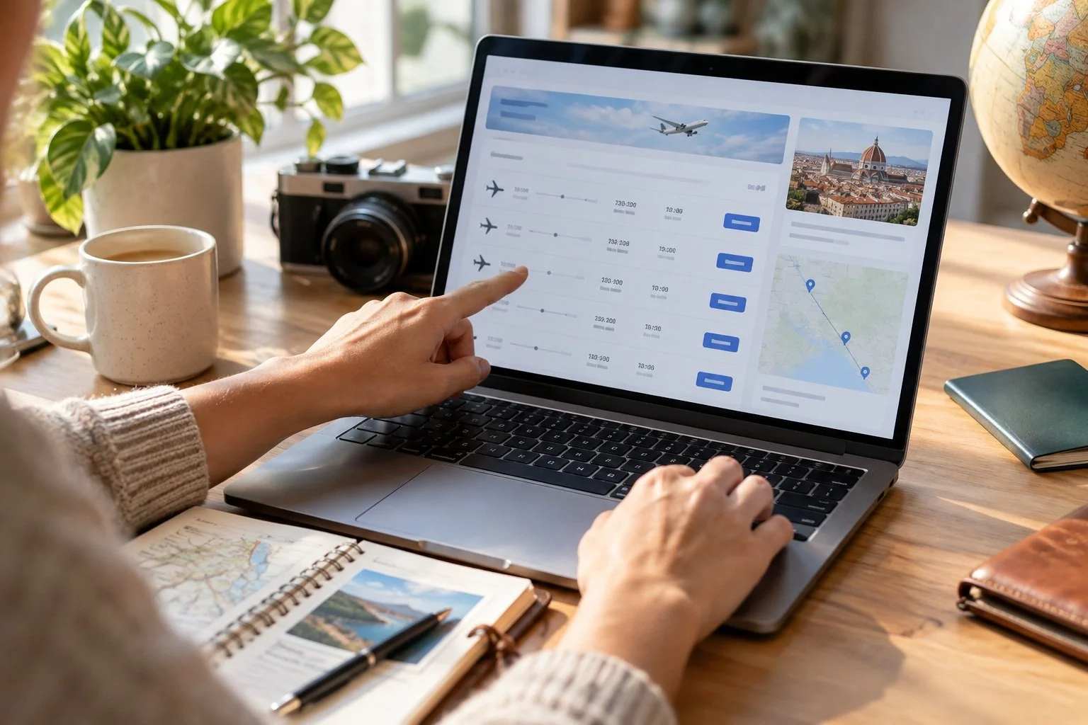 Traveler comparing flight options on a laptop while planning a vacation.