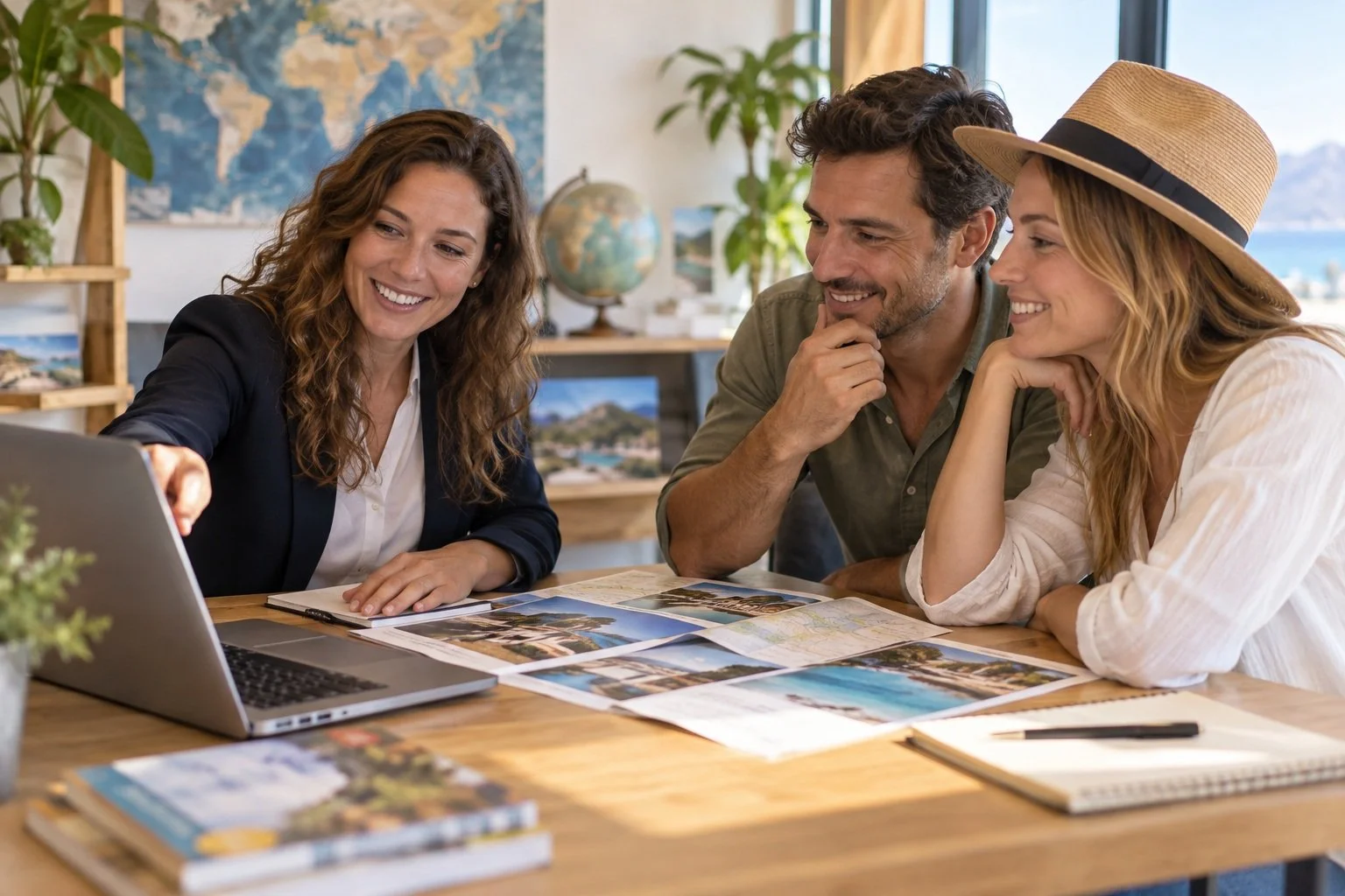 Travel advisor reviewing vacation options with two travelers.