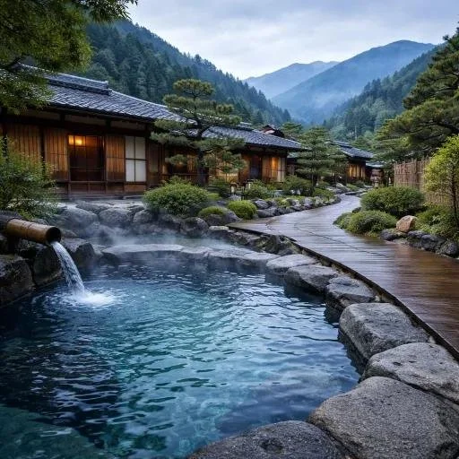 A peaceful outdoor Japanese onsen surrounded by natural stone, trees, and mountain scenery.
