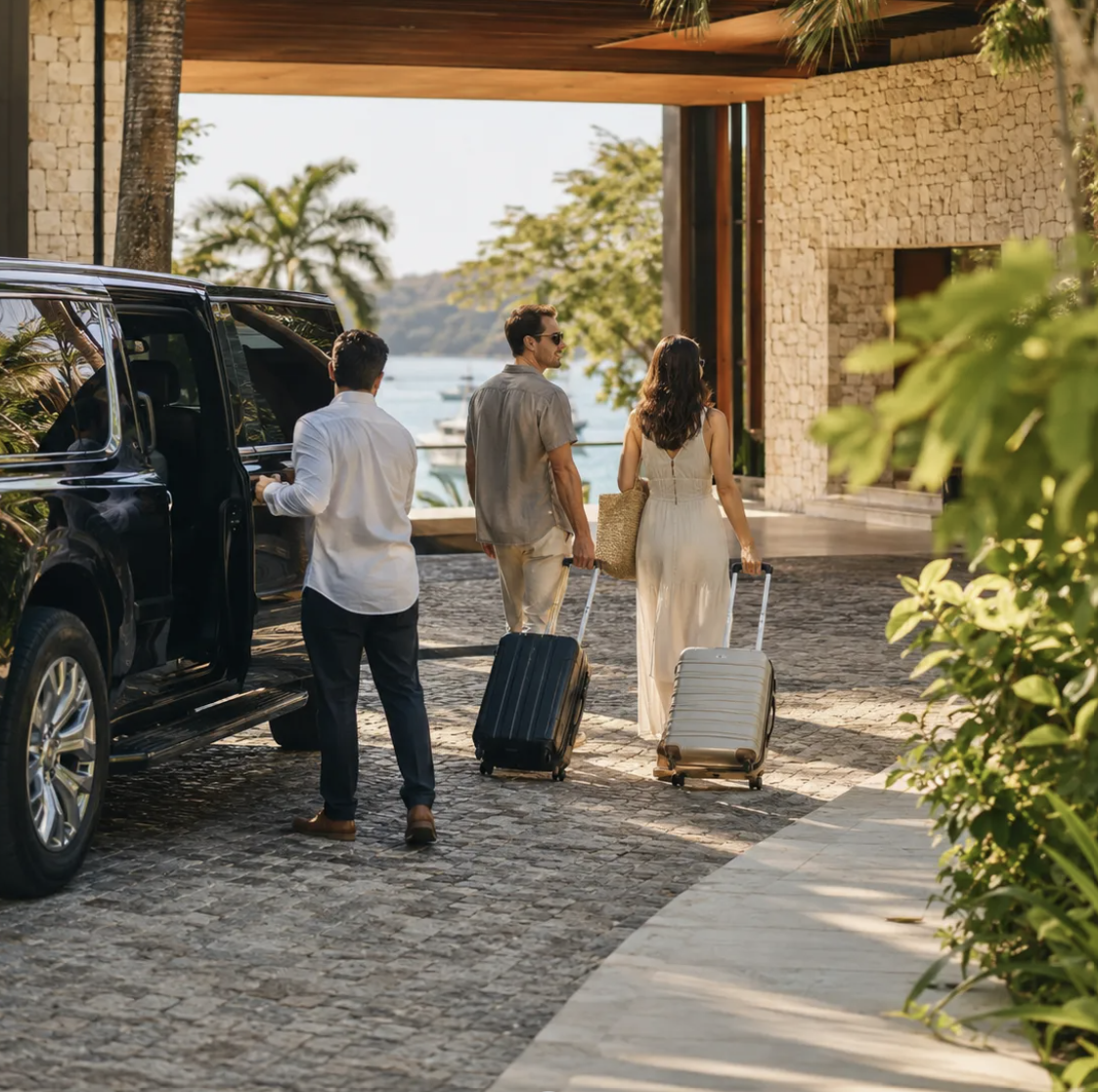 Private transfer driver welcoming travelers with luggage outside a tropical resort and helping them into a black SUV.