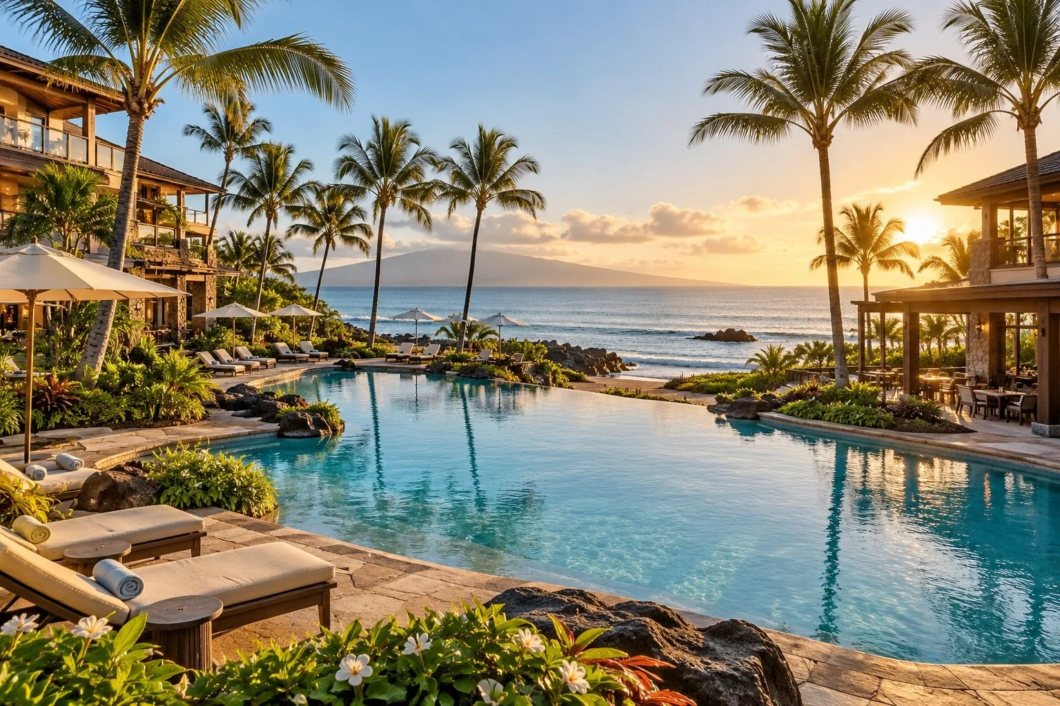 Beachfront resort with a pool and palm trees beside the ocean.